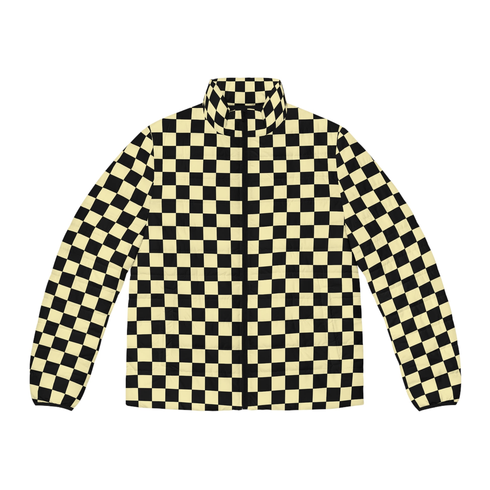Checkerboard Black and Yellow Men's Puffer Jacket (AOP), Artsulli - Art is Long, Life is Short, All Over Prints, Size, S, Color, Black zipper, , , 12771009434396304590