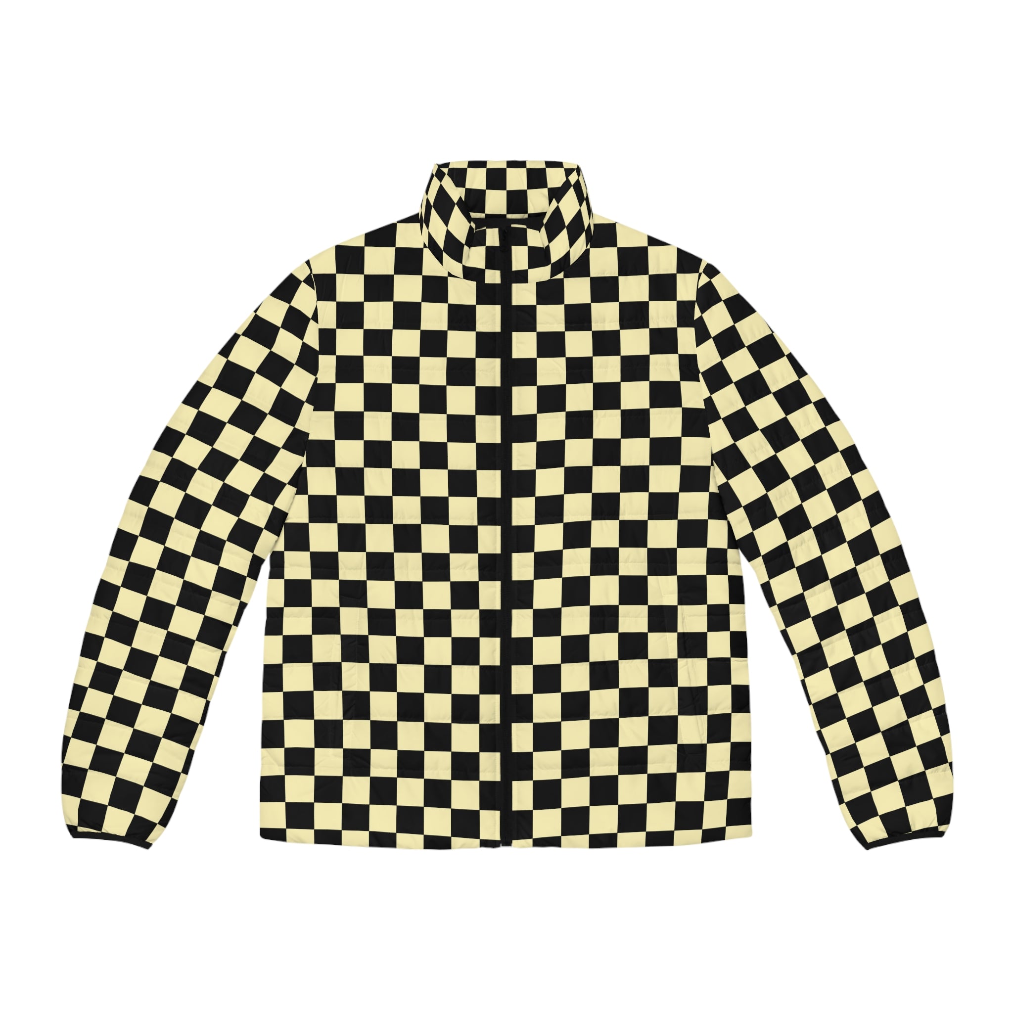 Checkerboard Black and Yellow Men's Puffer Jacket (AOP), Artsulli - Art is Long, Life is Short, All Over Prints, Size, S, Color, Black zipper, , , 12771009434396304590