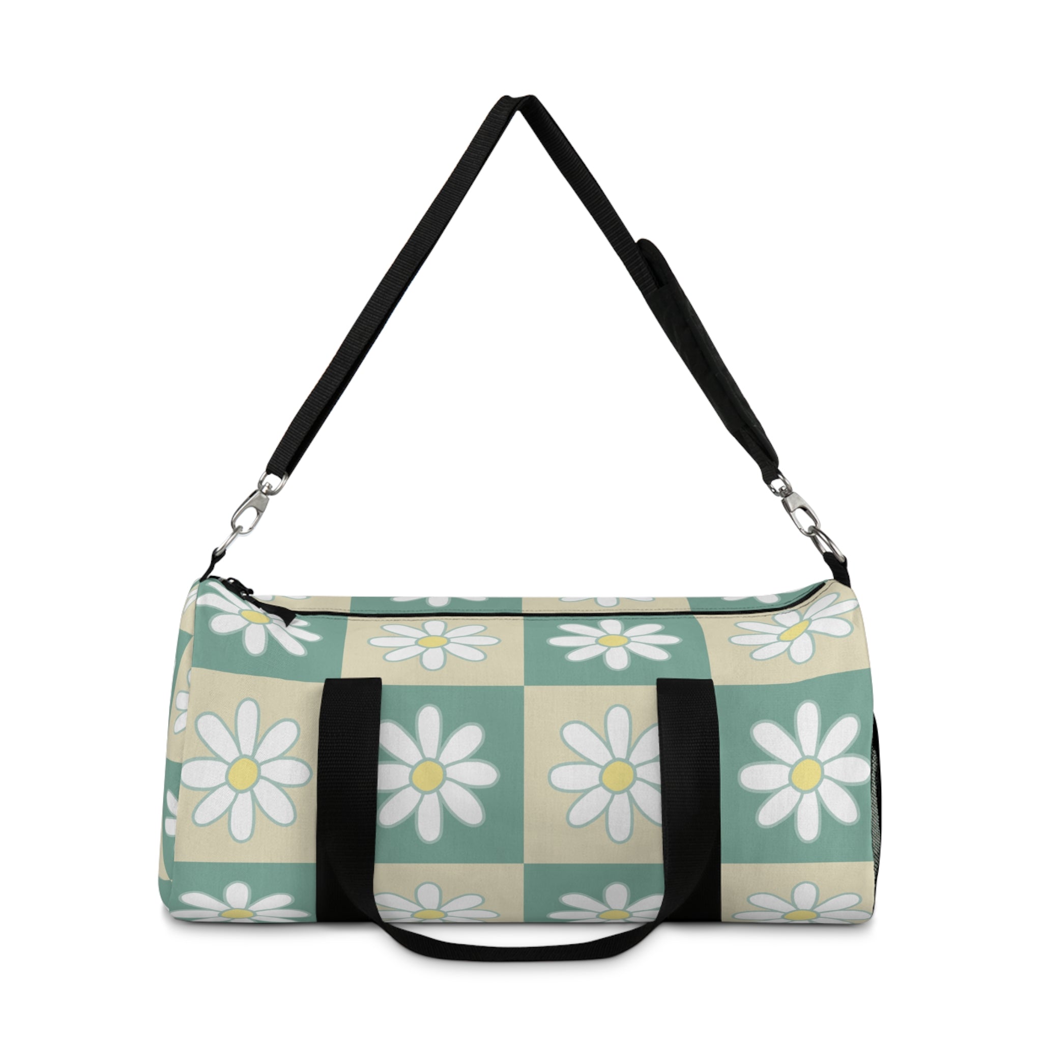 Retro Daisy Checkerboard Green and Tan Duffel Bag, Artsulli - Art is Long, Life is Short, Bags, , , , , , , 
