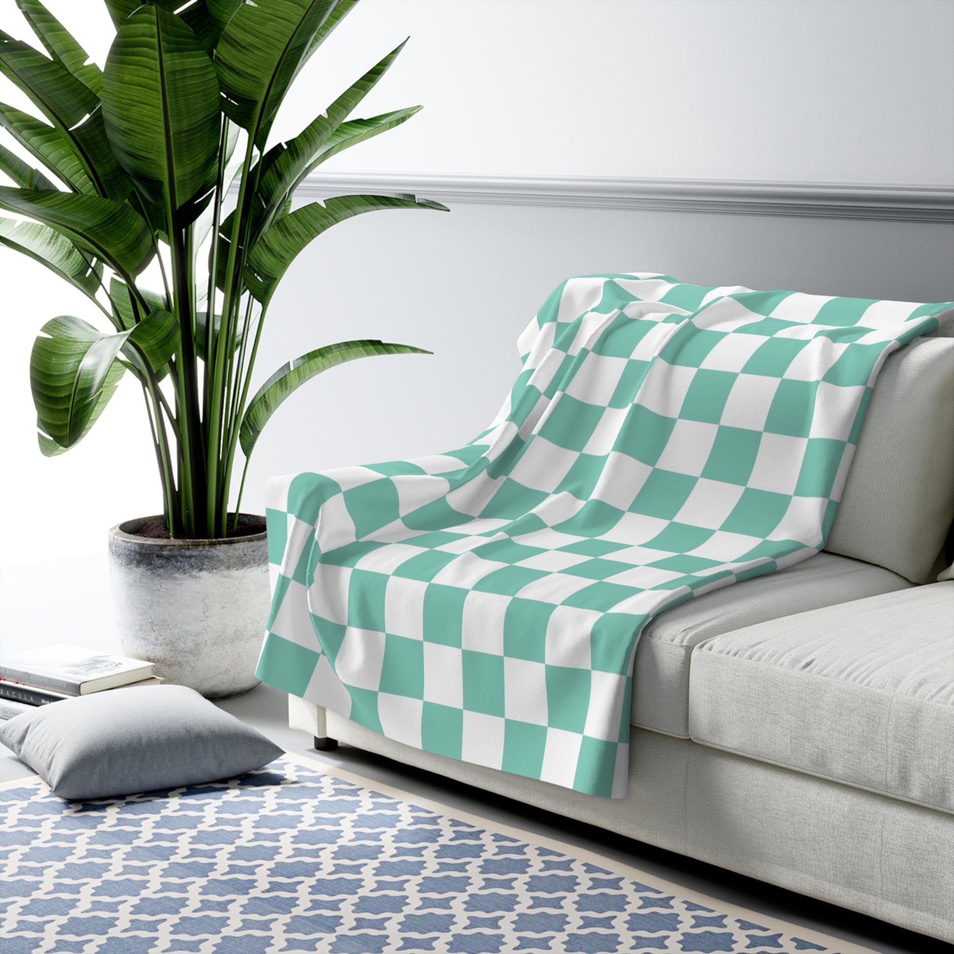 Checkerboard Light Green Sherpa Fleece Blanket, Artsulli - Art is Long, Life is Short, Home Decor, , , , , , , 