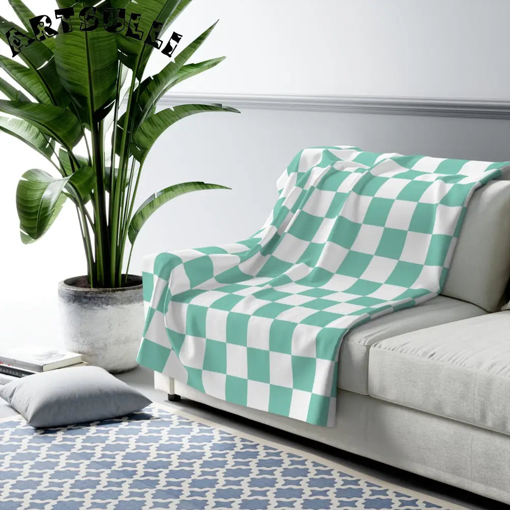 JAKKOUTTHEBXX Checkerboard Light Green Sherpa Fleece Blanket
