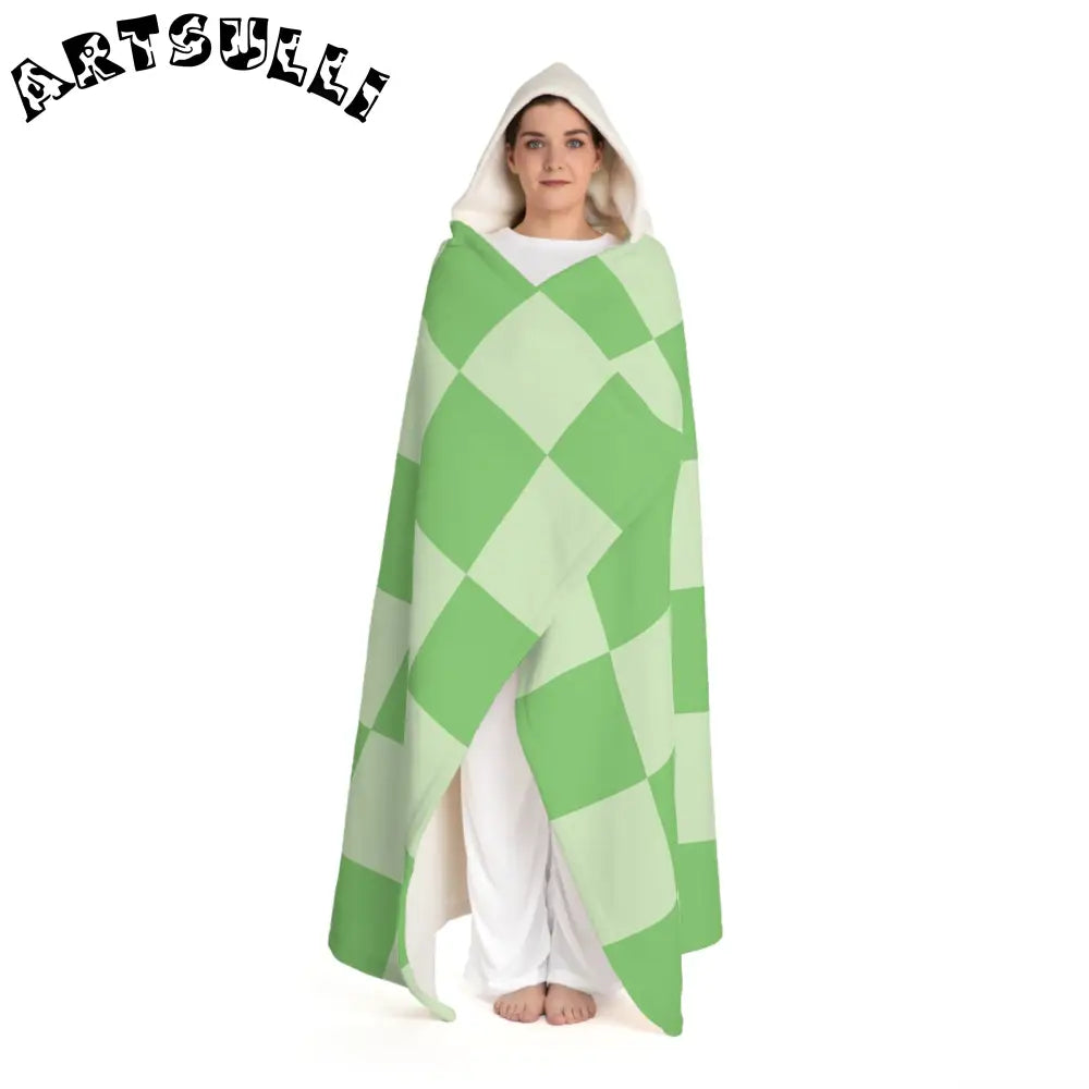 JAKKOUTTHEBXX Checkerboard Green Hooded Sherpa Fleece Blanket