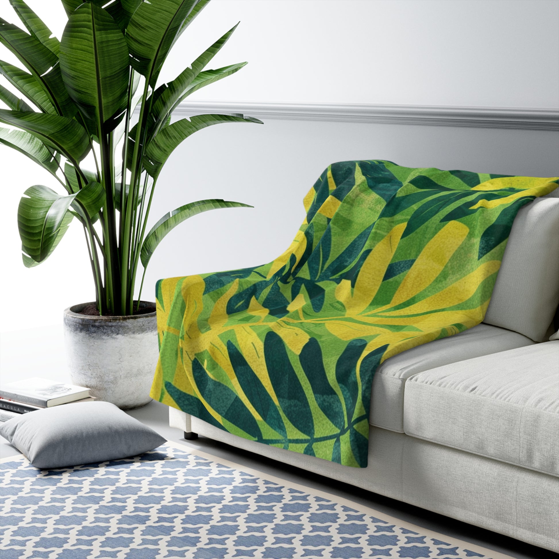 Green Leaf x Yellow Leaf x Tropical x Jungle Sherpa Fleece Blanket, Artsulli - Art is Long, Life is Short, Home Decor, , , , , , , 
