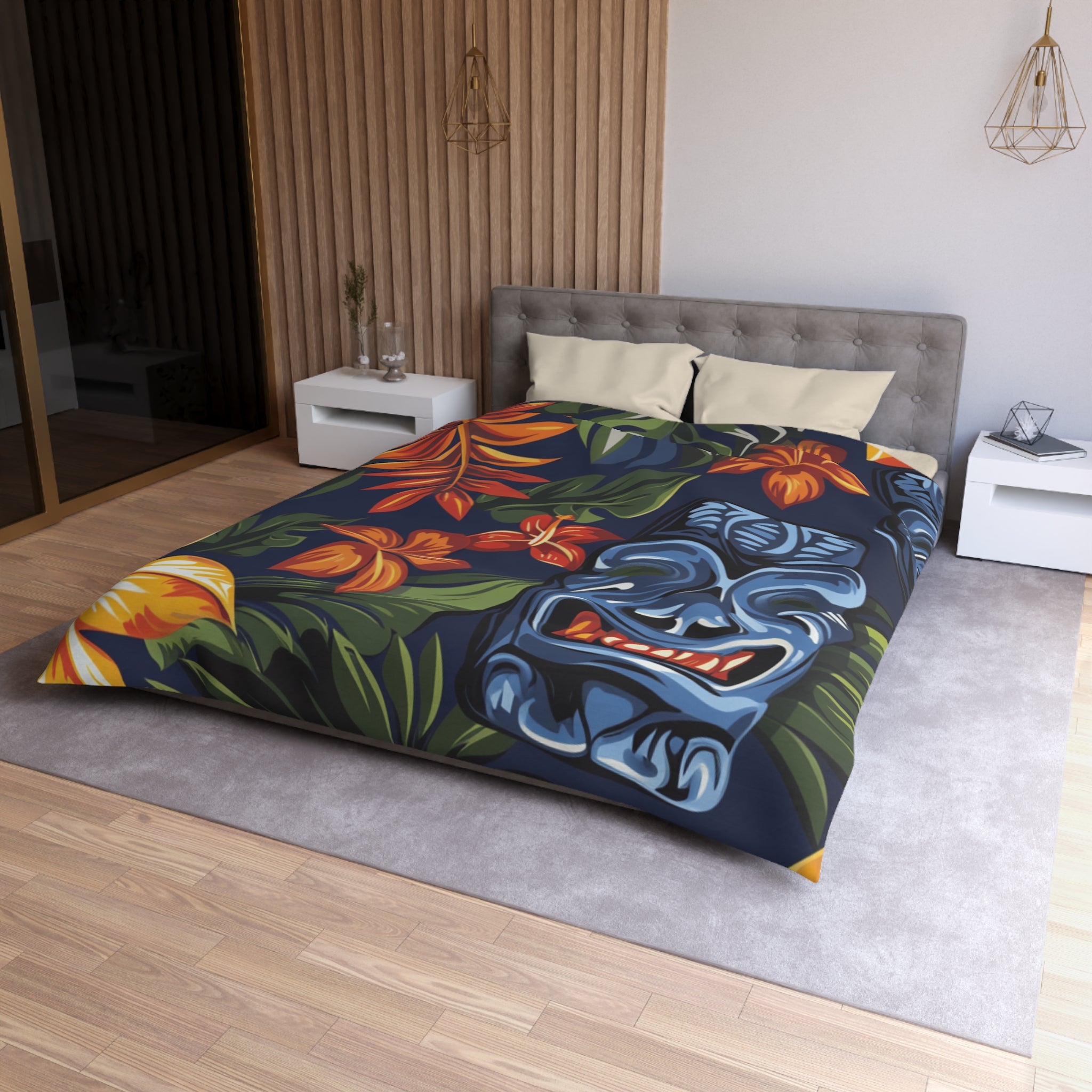Tiki Bloom Navy Microfiber Duvet Cover, Artsulli - Art is Long, Life is Short, Home Decor, , , , , , , 