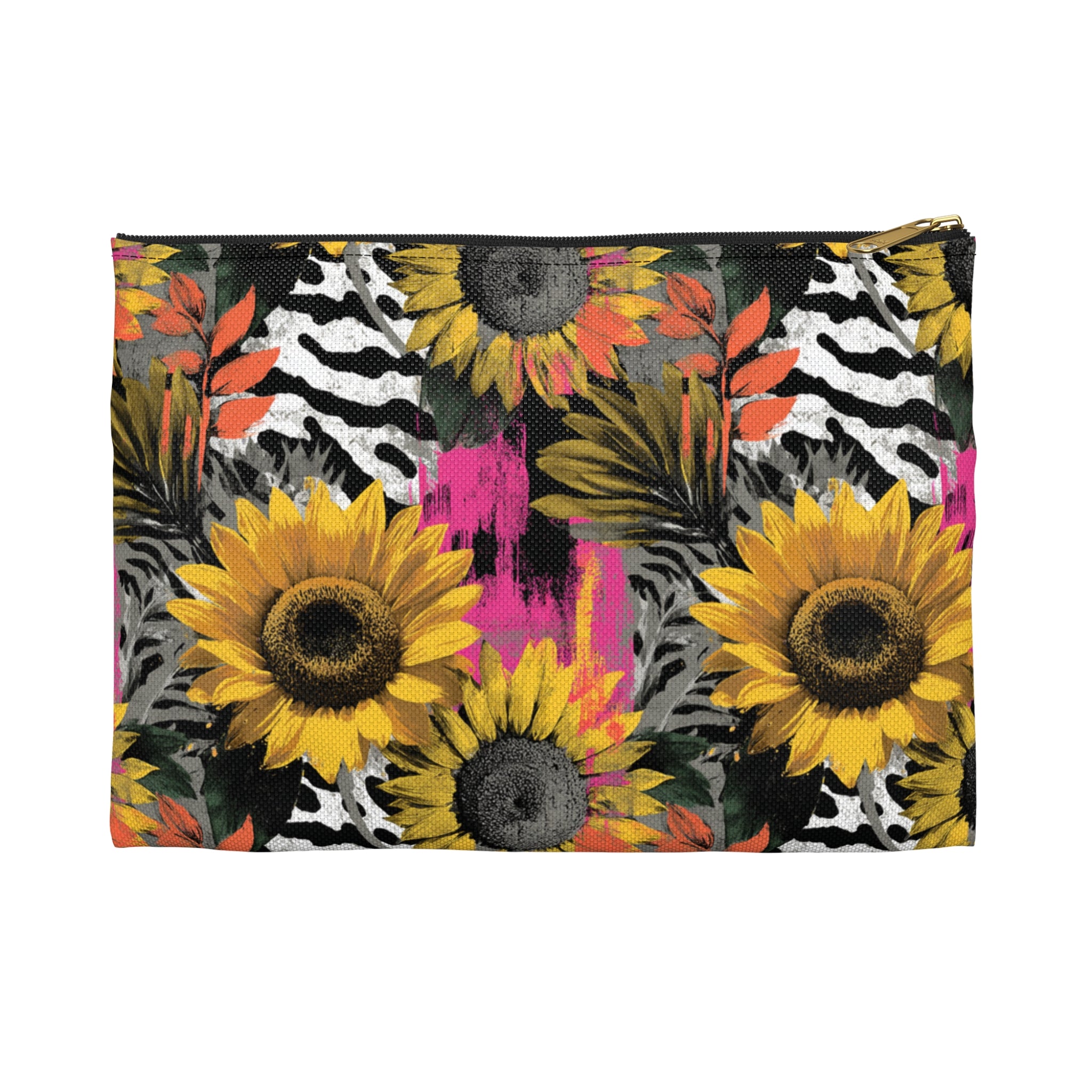 Zebra Stripes x Sunflowers Multi-Color Accessory Pouch, Artsulli - Art is Long, Life is Short, Bags, Size, Small, Color, Black zipper, , , 30493431901062877853