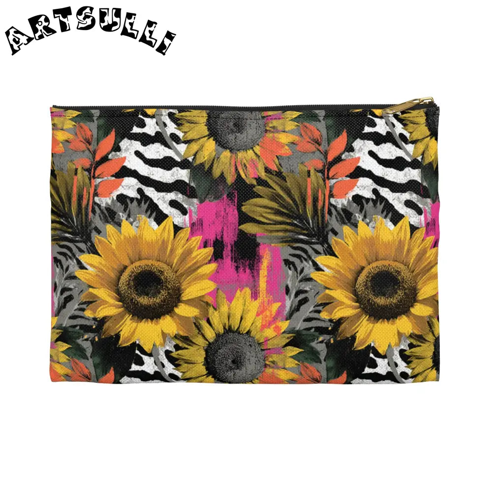 Zebra Stripes x Sunflowers Multi-Color Accessory Pouch, Artsulli - Art is Long, Life is Short, Bags, Size, Small, Color, Black zipper, , , 30493431901062877853