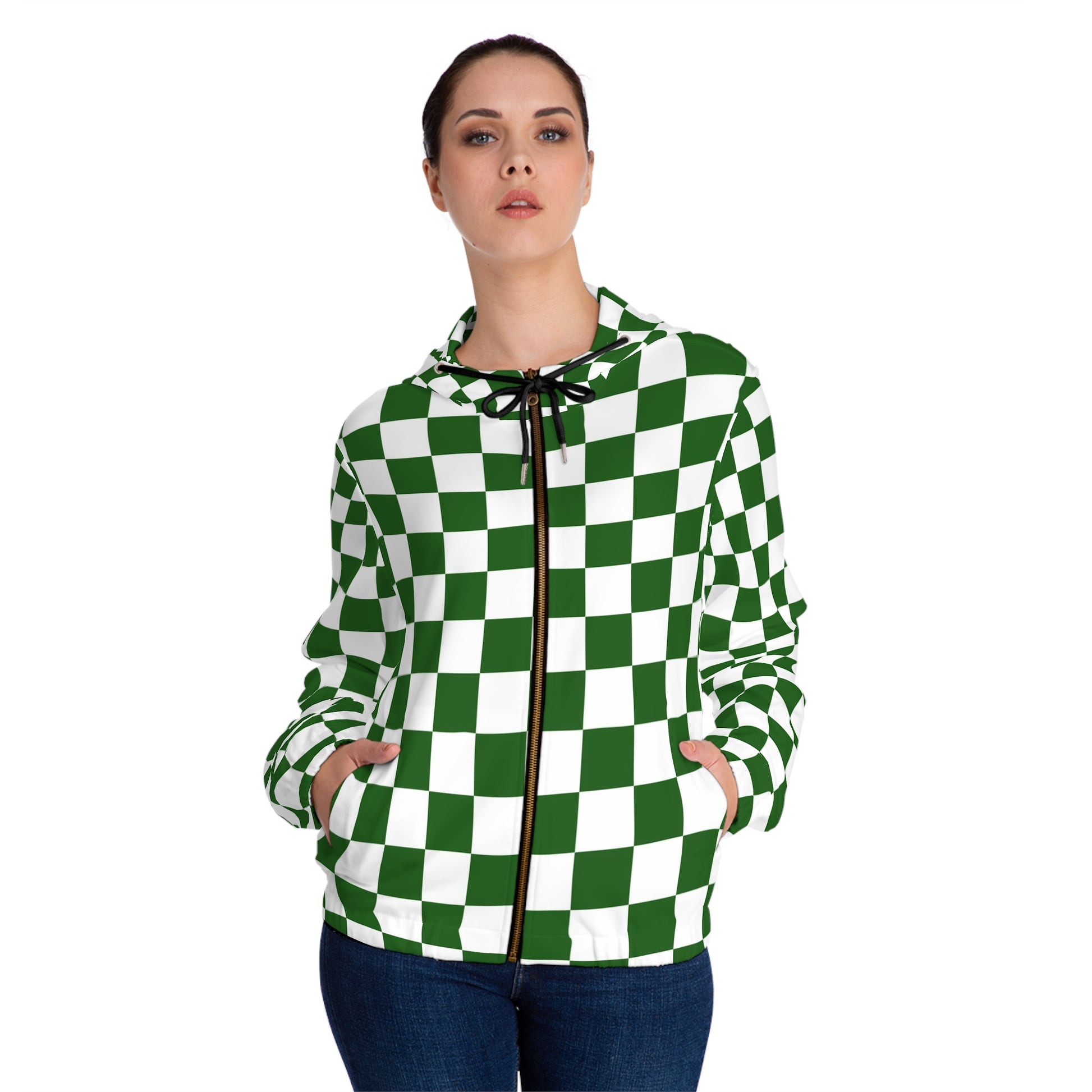 Checkerboard White and Dark Green Women’s Full-Zip Hoodie (AOP), Artsulli - Art is Long, Life is Short, All Over Prints, , , , , , , 