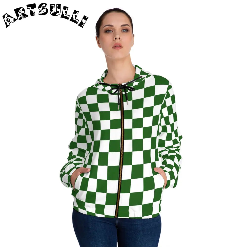 JAKKOUTTHEBXX Checkerboard White and Dark Green Women’s Full-Zip