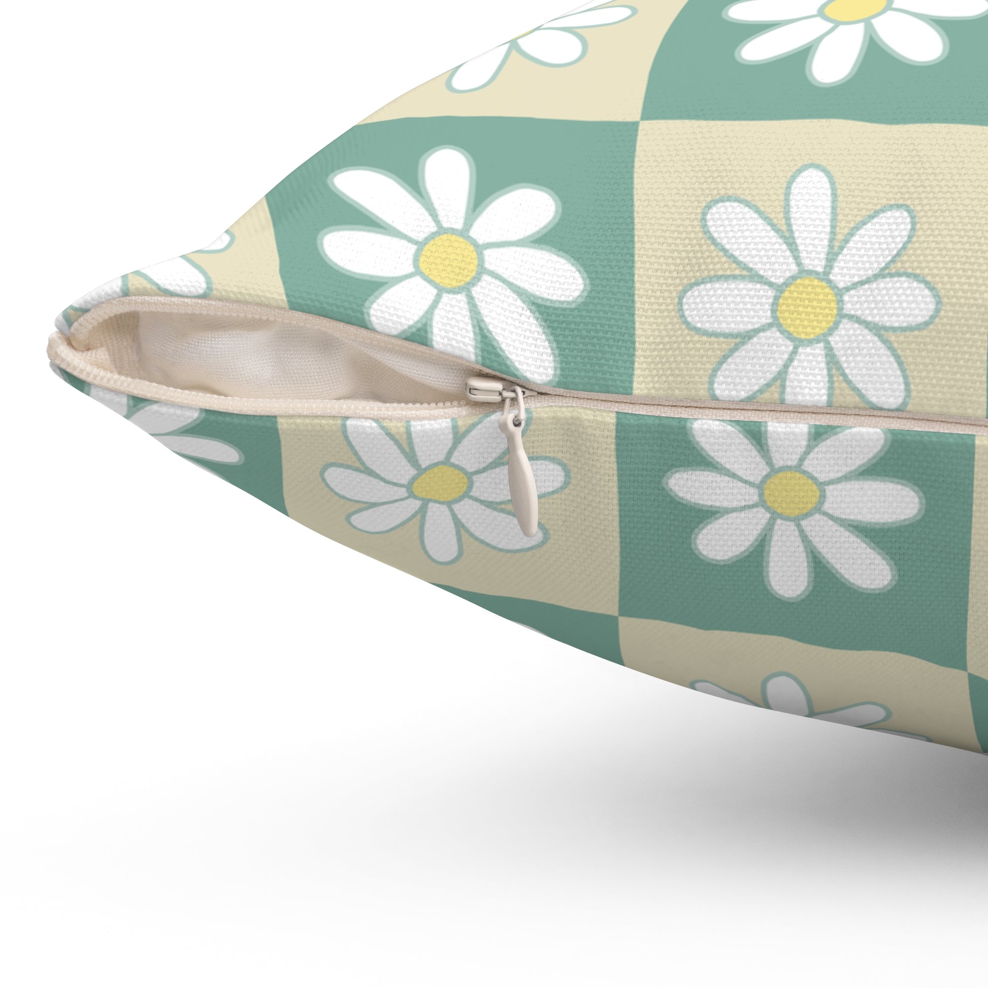 Retro Daisy Checkerboard Green and Tan Spun Polyester Square Pillow, Artsulli - Art is Long, Life is Short, Home Decor, , , , , , , 