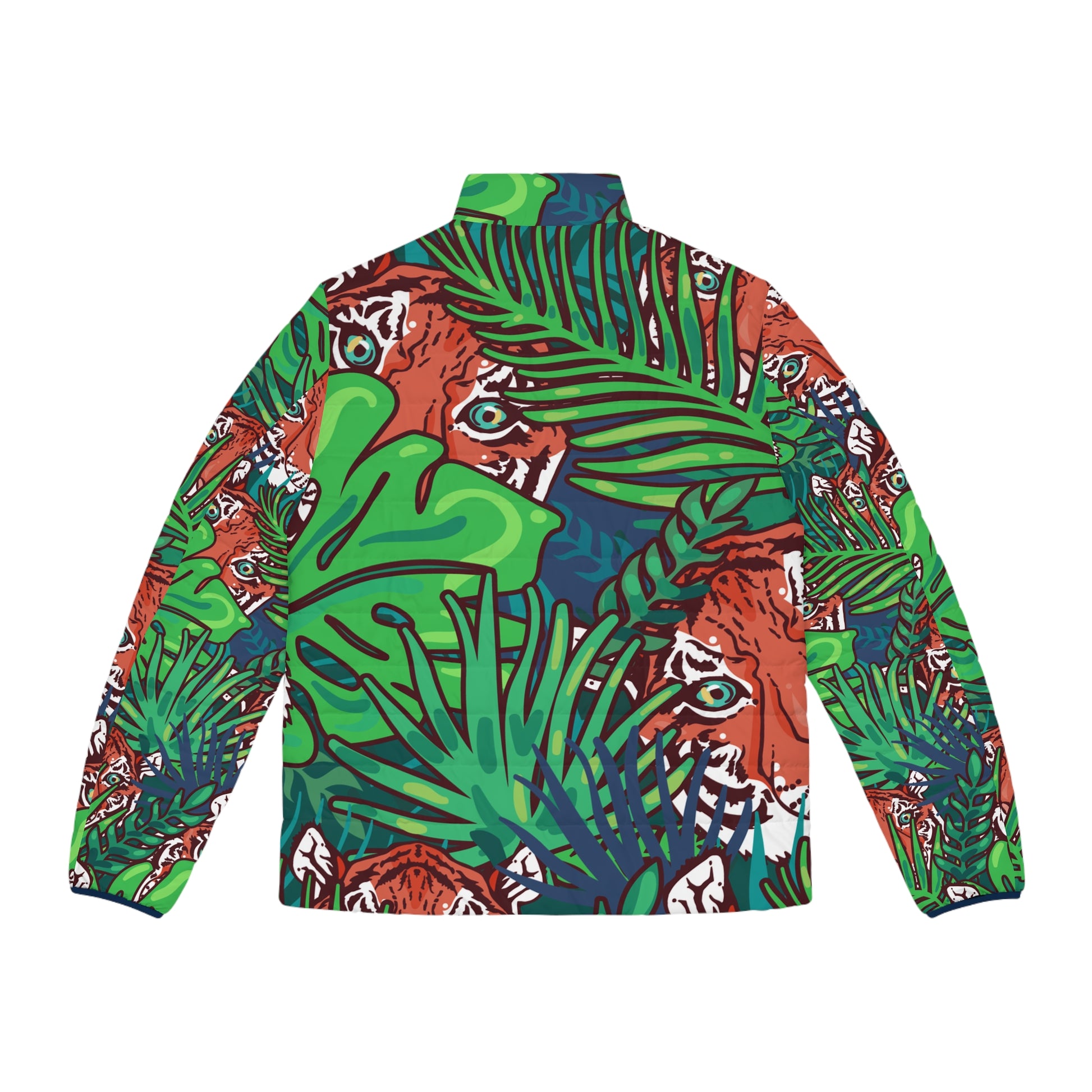 Tropical Jungle Tigers Blue and Green Men's Puffer Jacket (AOP), Artsulli - Art is Long, Life is Short, All Over Prints, , , , , , , 