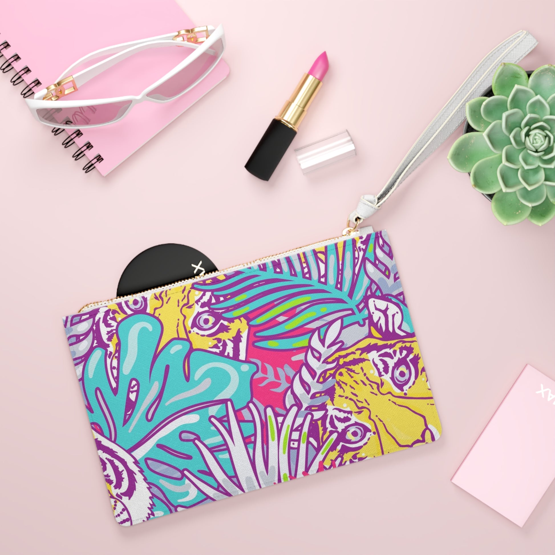 Tropical Floral Tigers Torquise and Purple Clutch Bag, Artsulli - Art is Long, Life is Short, Bags, , , , , , , 