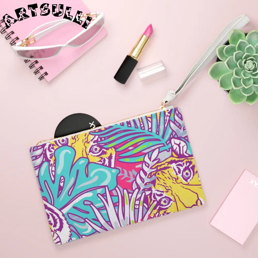 JAKKOUTTHEBXX Tropical Floral Tigers Torquise and Purple Clutch Bag