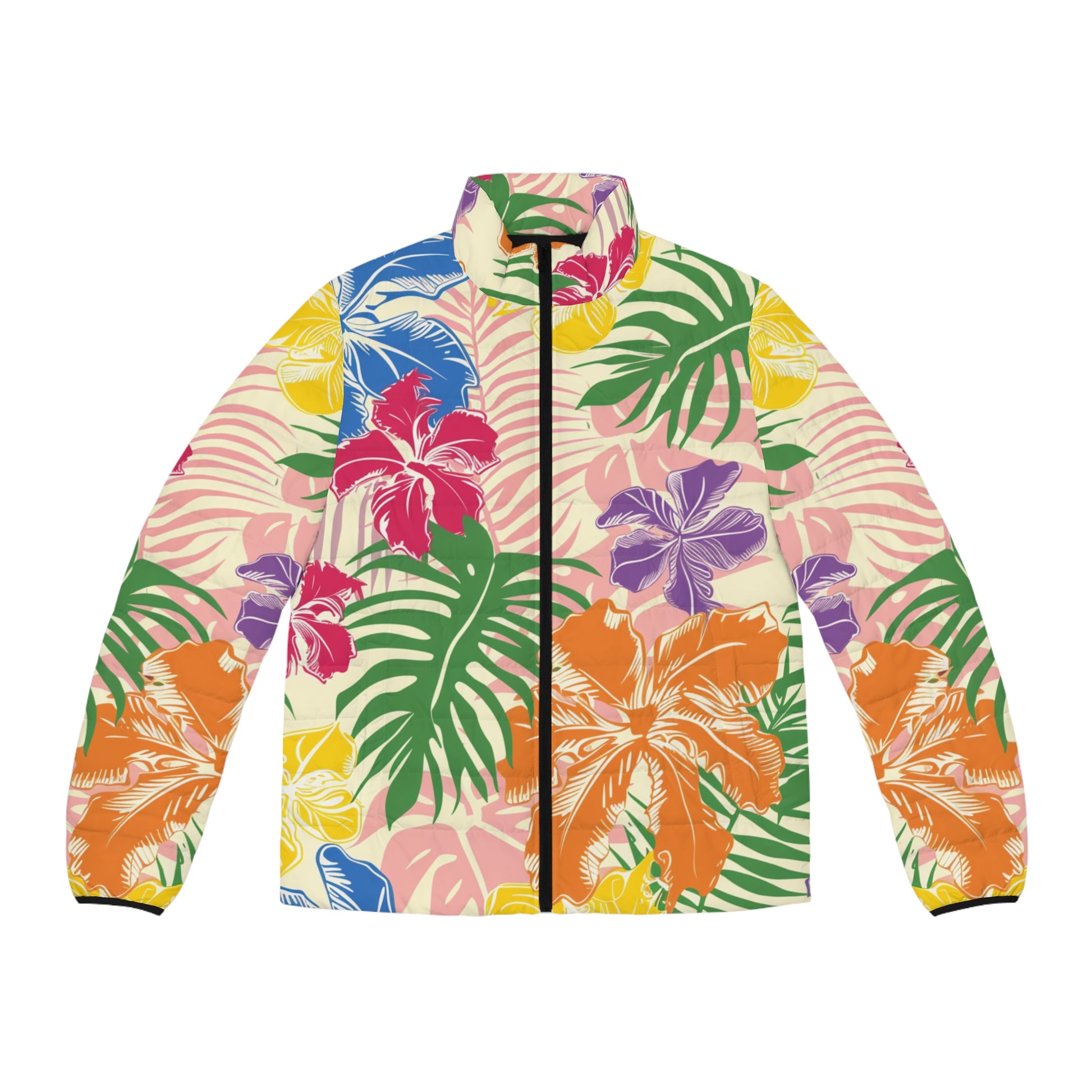 Blooming Tropical Flowers Men's Puffer Jacket (AOP), Artsulli - Art is Long, Life is Short, All Over Prints, Size, S, Color, Black zipper, , , 21578062497255392415