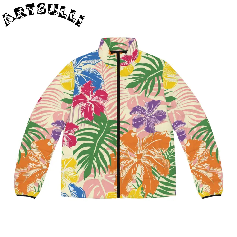Blooming Tropical Flowers Men's Puffer Jacket (AOP), Artsulli - Art is Long, Life is Short, All Over Prints, Size, S, Color, Black zipper, , , 21578062497255392415