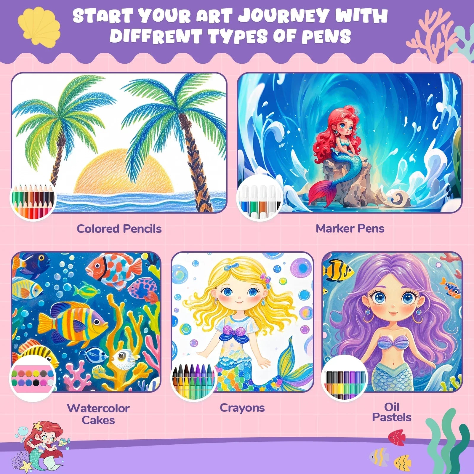 Buy The Best By Artsulli - Art is Long Life Short - 100+ Piece Drawing Kit: Mermaid Craft Supplies with Washable Markers - Non-Toxic Set