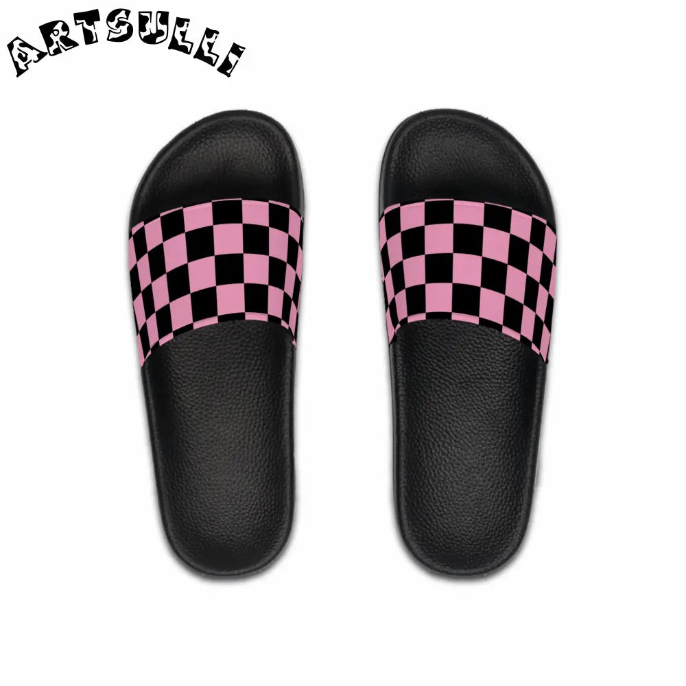 JAKKOUTTHEBXX Checkerboard Black and Pink Men’s Slide Sandals