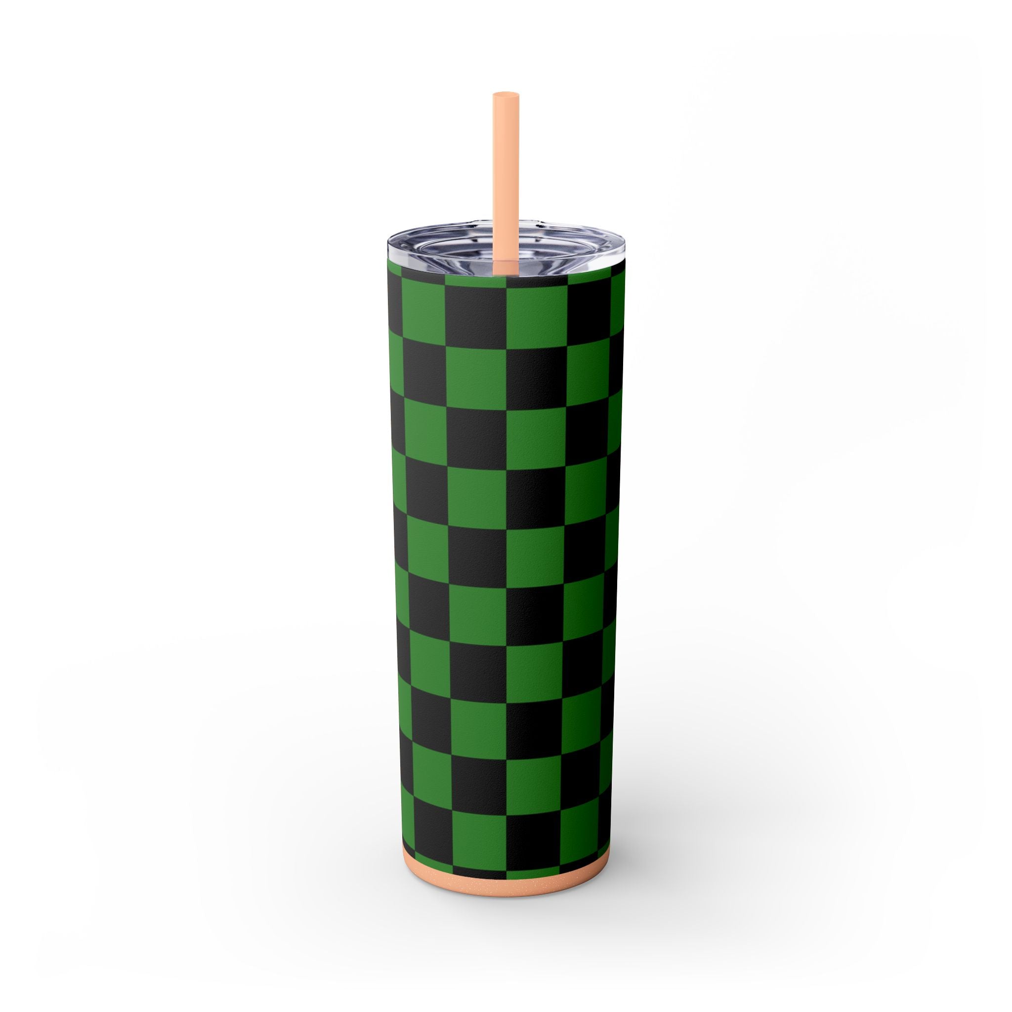Checkerboard Green and Black Skinny Tumbler with Straw, 20oz, Artsulli - Art is Long, Life is Short, Mug, , , , , , , 