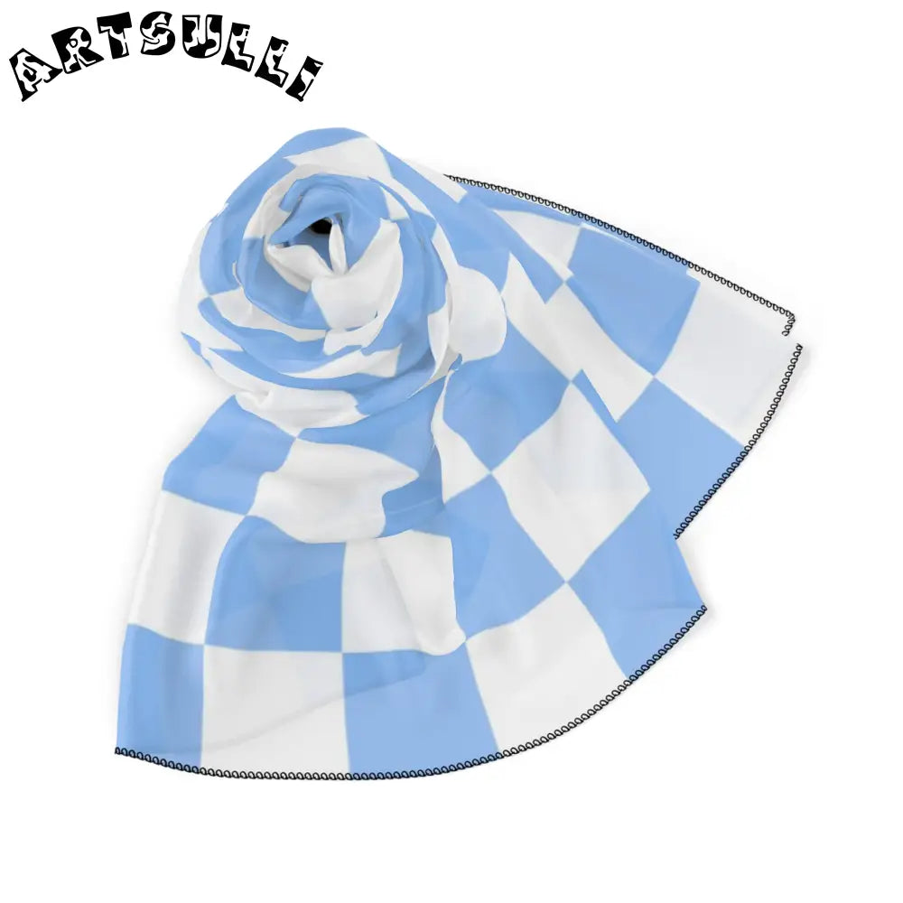 JAKKOUTTHEBXX Checkerboard White and Light Blue Poly Scarf