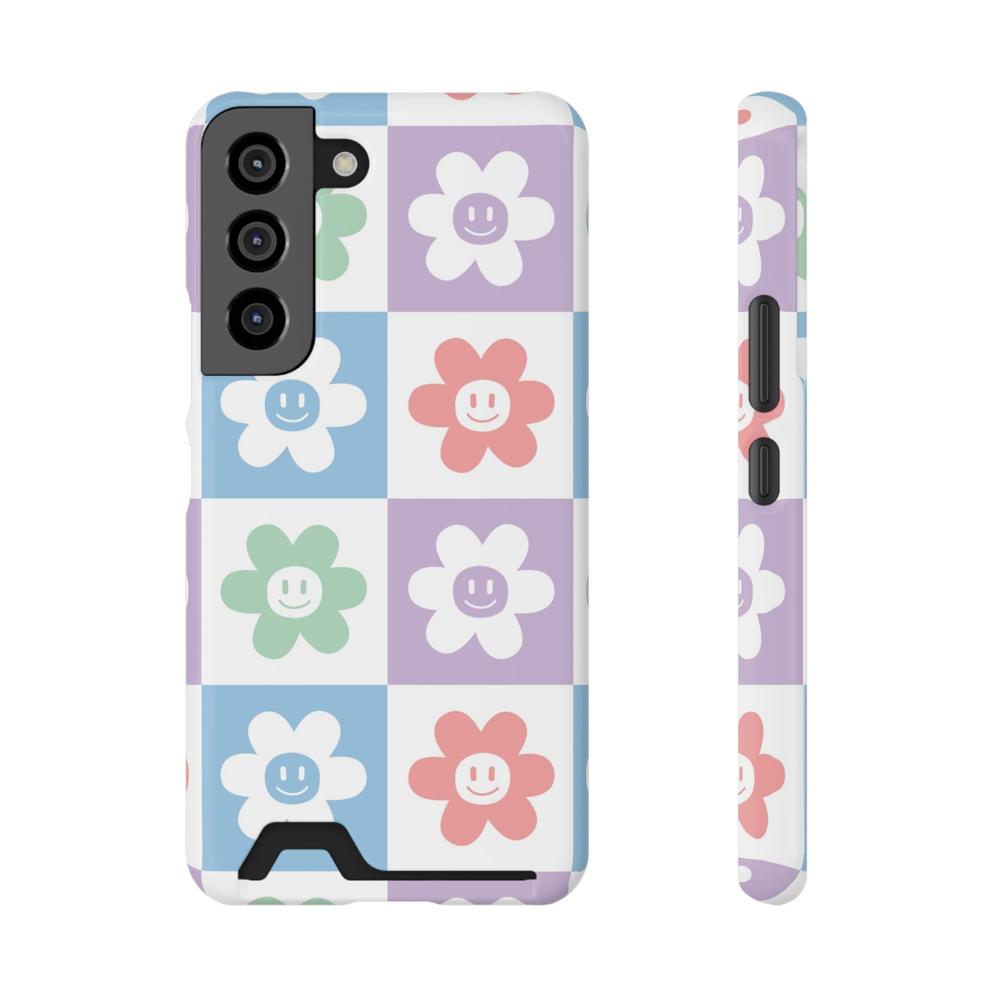 Chessboard x Smiley Face Flowers Multi-Color Phone Case With Card Holder, Artsulli - Art is Long, Life is Short, Phone Case, Size, Samsung Galaxy S22, Surface, Glossy, Shape, Without gift packaging, 18547559467868930352