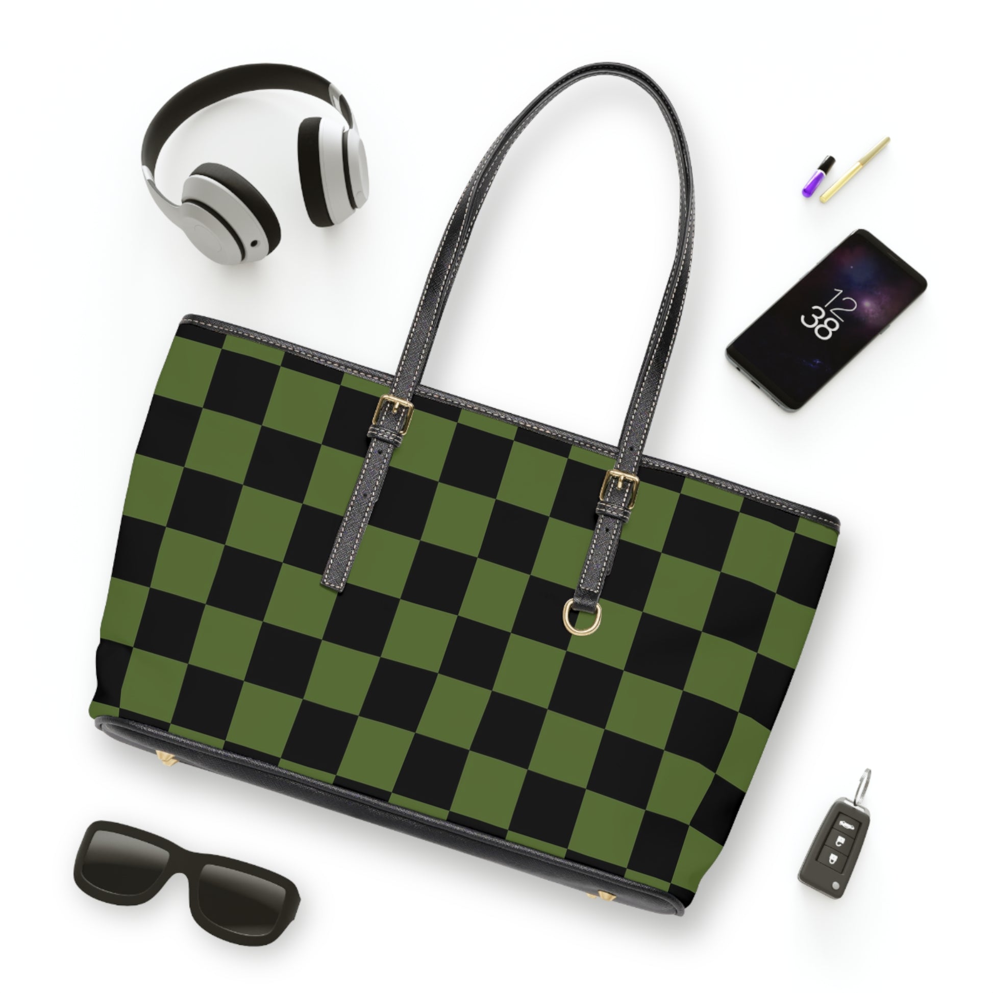 Checkerboard Olive Green and Black PU Leather Shoulder Bag, Artsulli - Art is Long, Life is Short, Bags, , , , , , , 