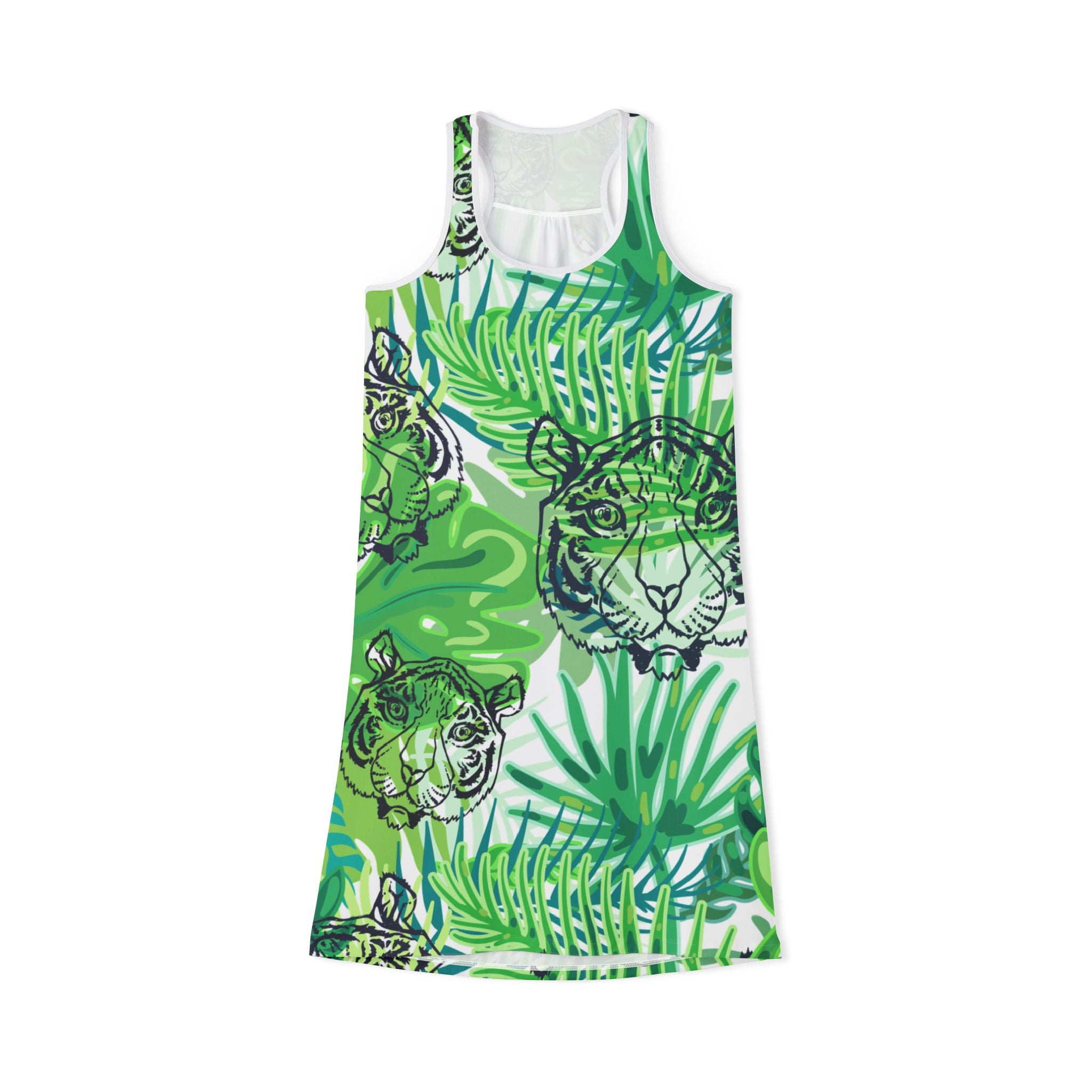 Tropical Jungle Tigers Green Women's Racerback Dress (AOP), Artsulli - Art is Long, Life is Short, Tank Top, Size, XS, Color, White, , , 14903629999407