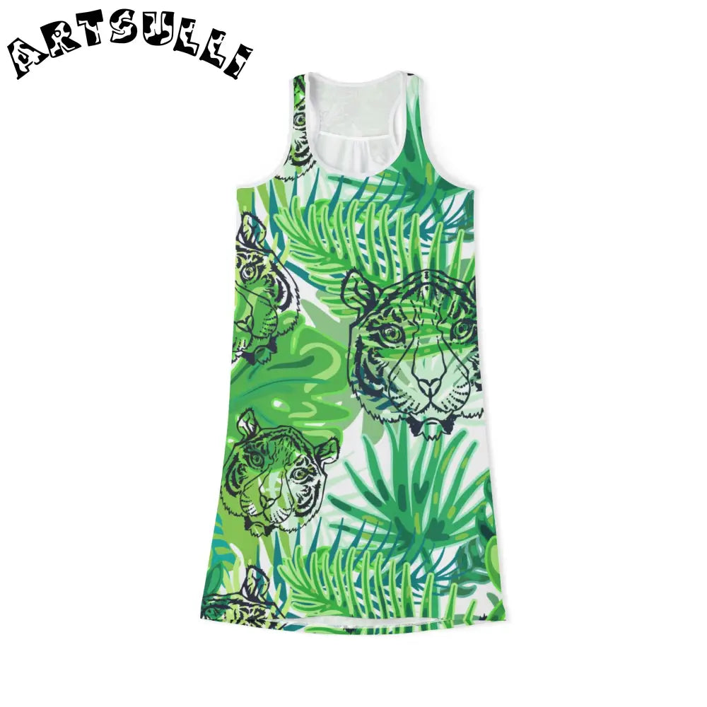 JAKKOUTTHEBXX Tropical Jungle Tigers Green Women’s Racerback Dress