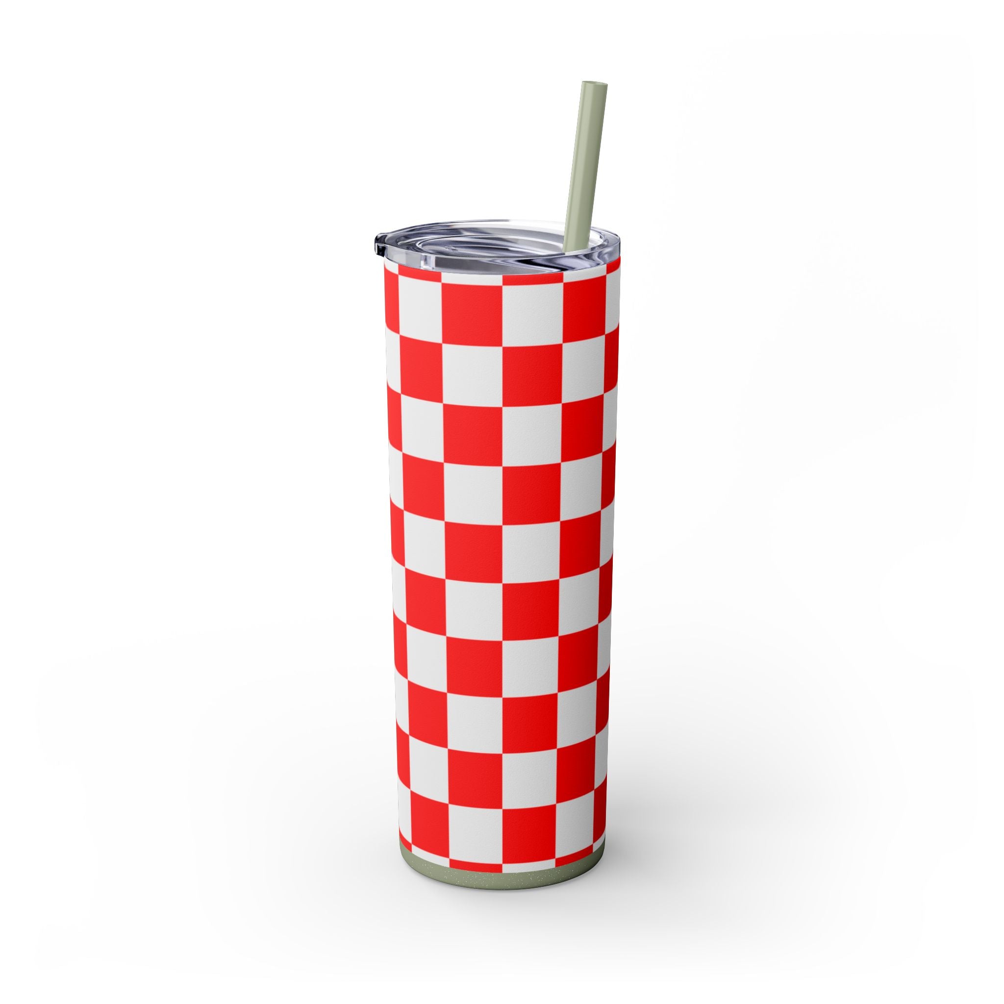 Checkerboard Red and White Skinny Tumbler with Straw, 20oz, Artsulli - Art is Long, Life is Short, Mug, , , , , , , 