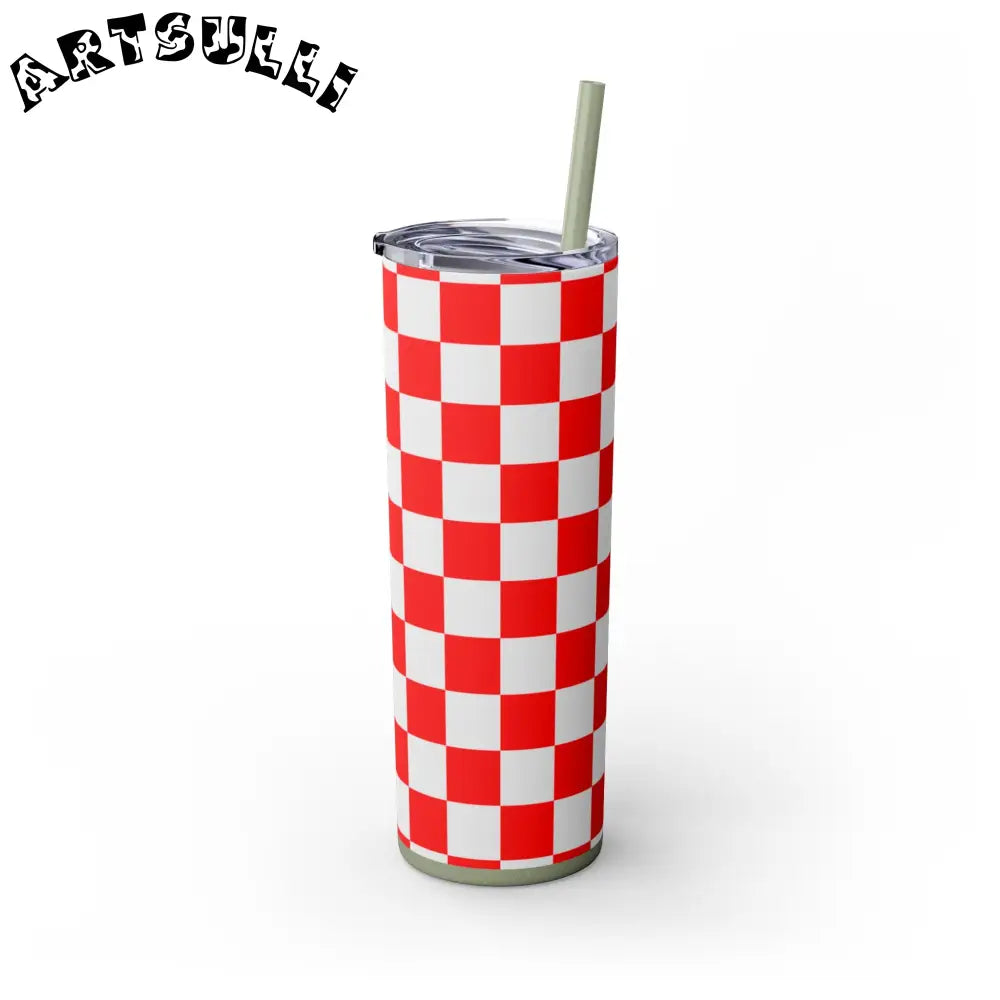 JAKKOUTTHEBXX Checkerboard Red and White Skinny Tumbler with Straw