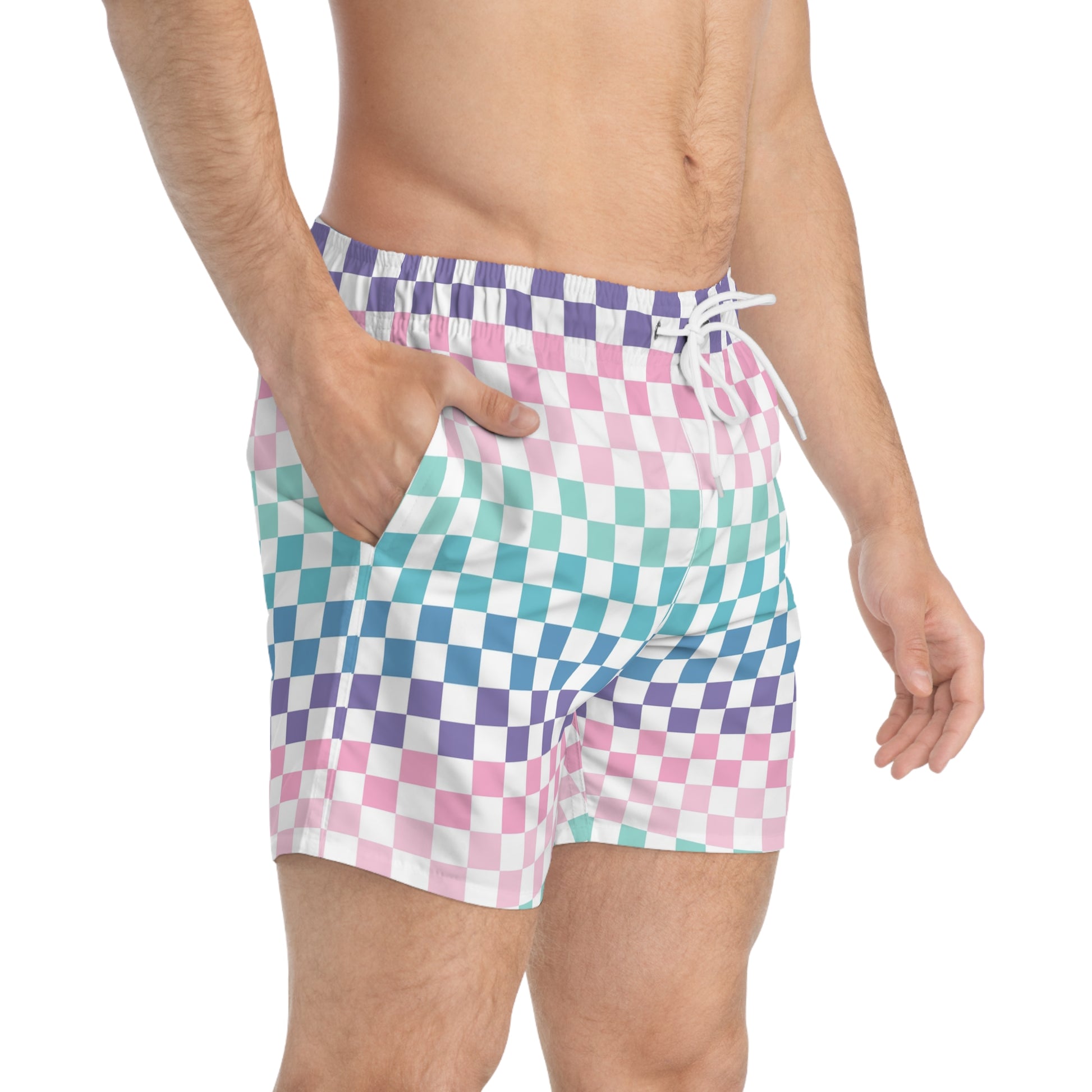 Vaporwave Rainbow  Checkerboard II Multi-Color Swim Trunks (AOP), Artsulli - Art is Long, Life is Short, All Over Prints, , , , , , , 