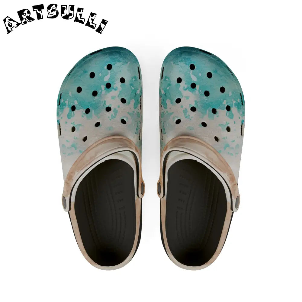 JAKKOUTTHEBXX Teal and Gold Speckled EVA Foam Clogs JAKKOUTTHEBXX
