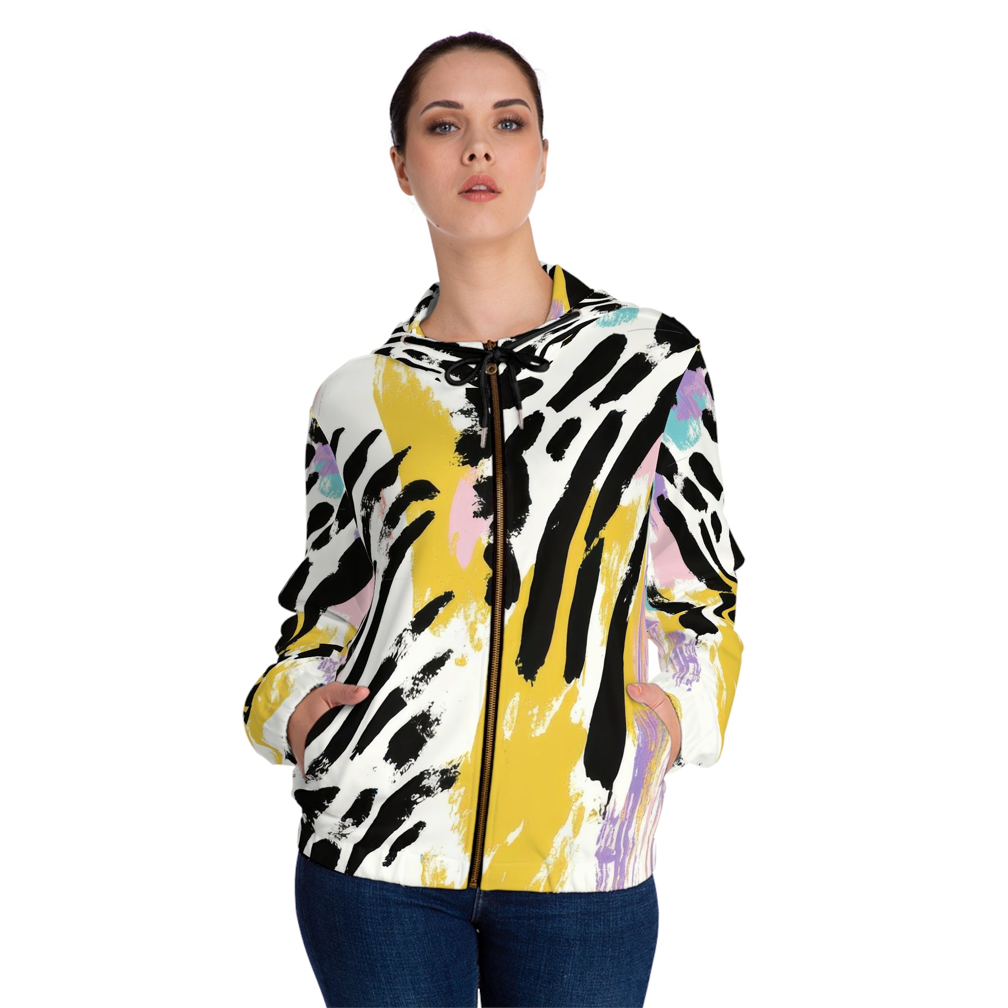 Wild Zebra Stripes x Paint Brush Strokes Multi-Color Women’s Full-Zip Hoodie (AOP), Artsulli - Art is Long, Life is Short, All Over Prints, , , , , , , 