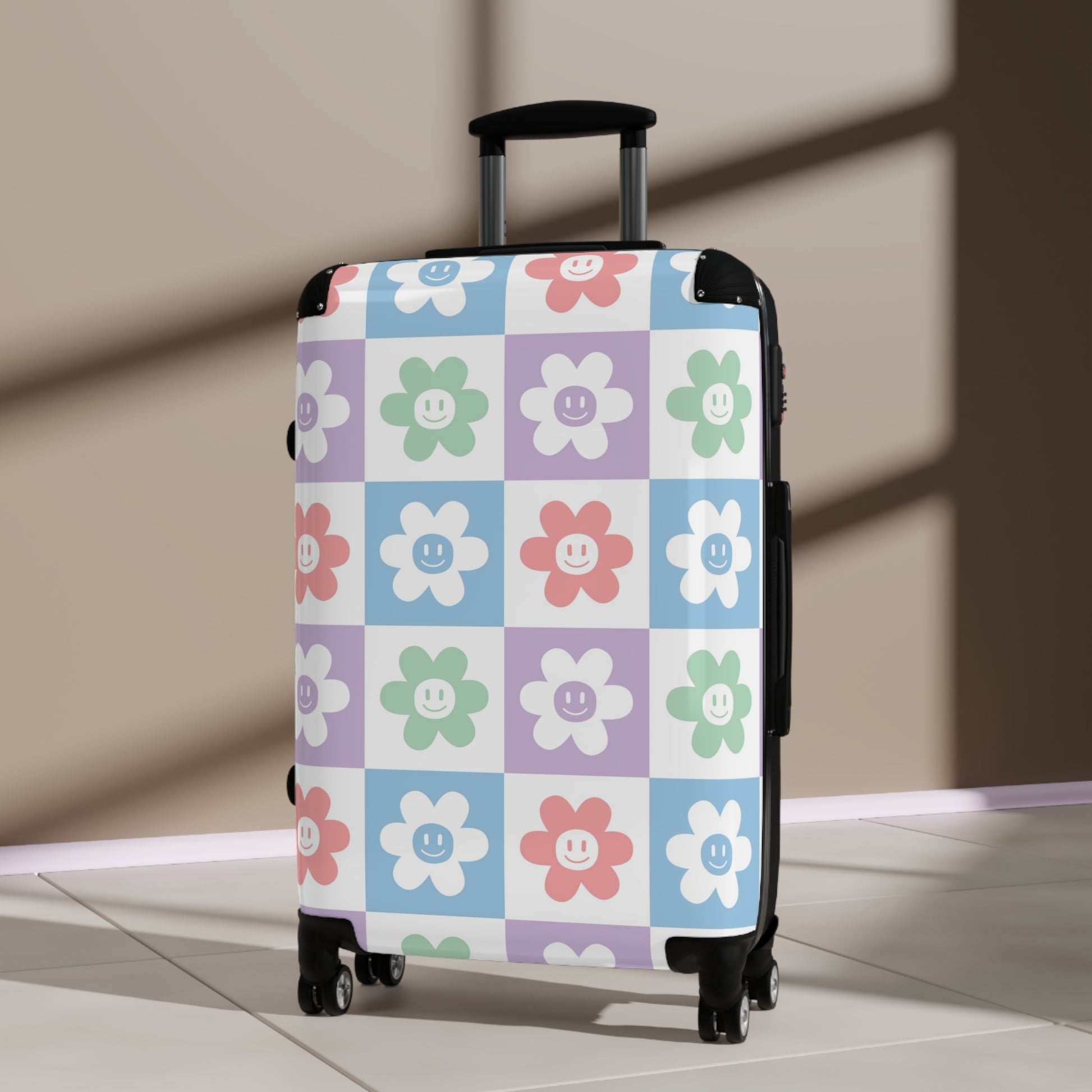 Chessboard x Smiley Face Flowers Multi-Color Suitcase, Artsulli - Art is Long, Life is Short, Bags, , , , , , , 