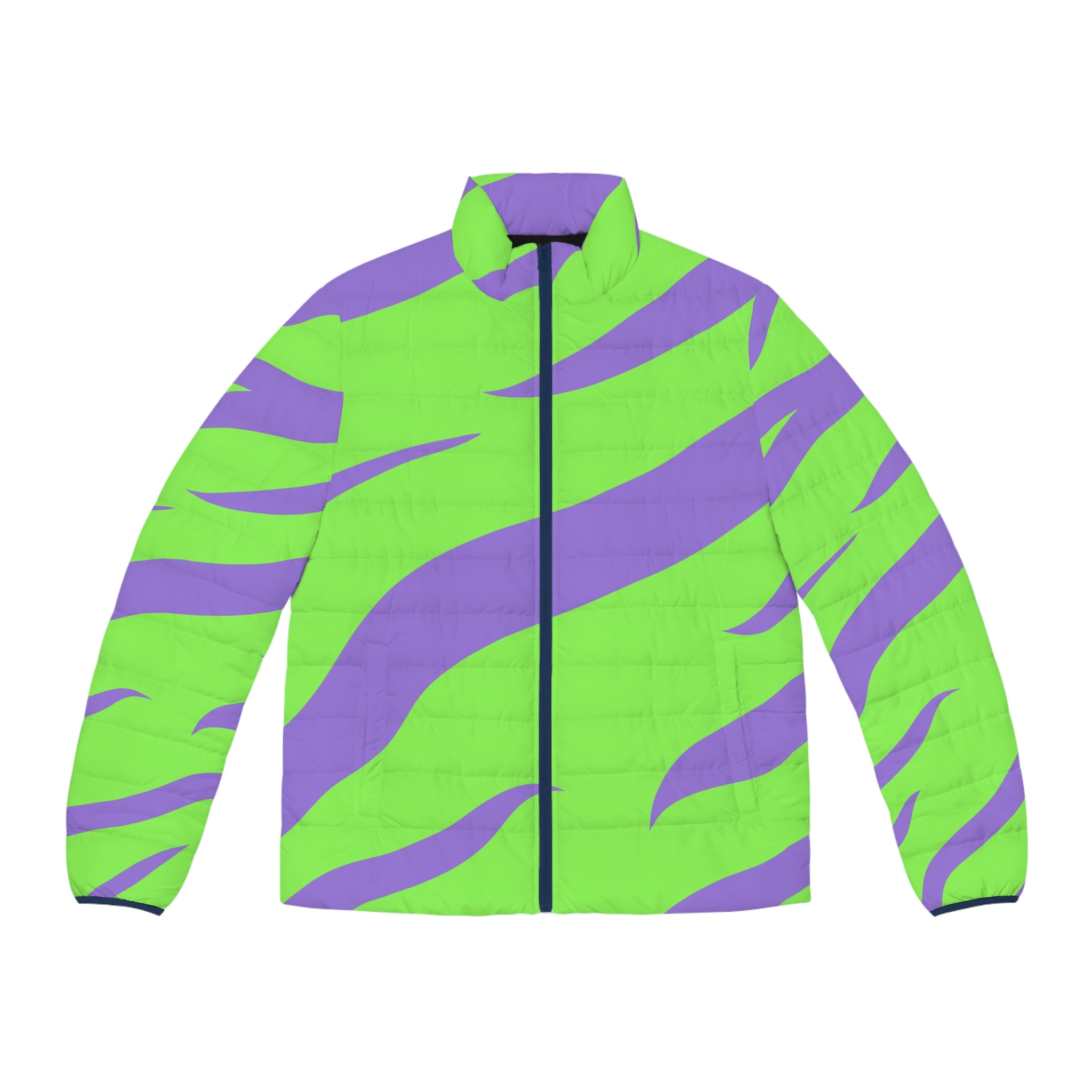 Tyrannosaurus Print Green and Purple Men's Puffer Jacket (AOP), Artsulli - Art is Long, Life is Short, All Over Prints, Size, S, Color, Dark blue zipper, , , 15127487144426