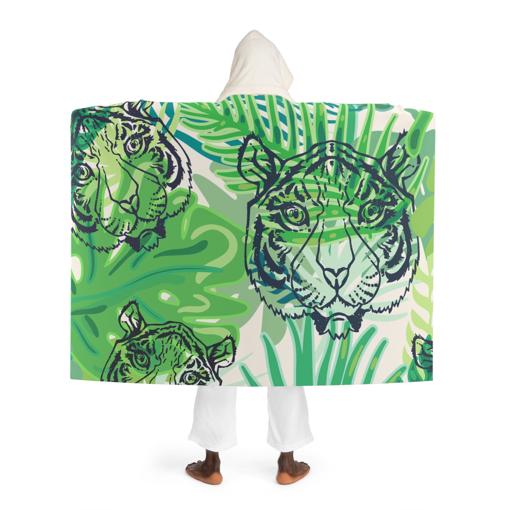 Tropical Jungle Tigers Green Hooded Sherpa Fleece Blanket, Artsulli - Art is Long, Life is Short, All Over Prints, , , , , , , 