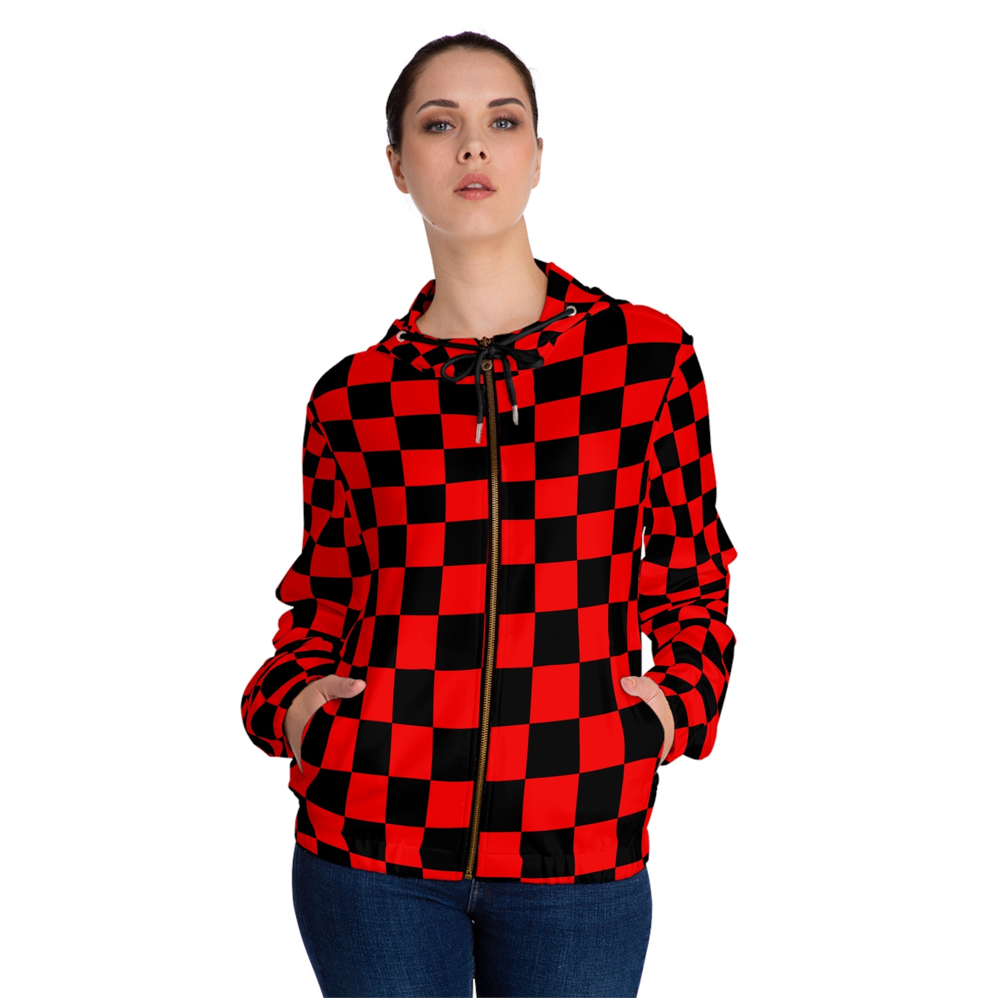 Checkerboard Red and Black Women’s Full-Zip Hoodie (AOP), Artsulli - Art is Long, Life is Short, All Over Prints, , , , , , , 