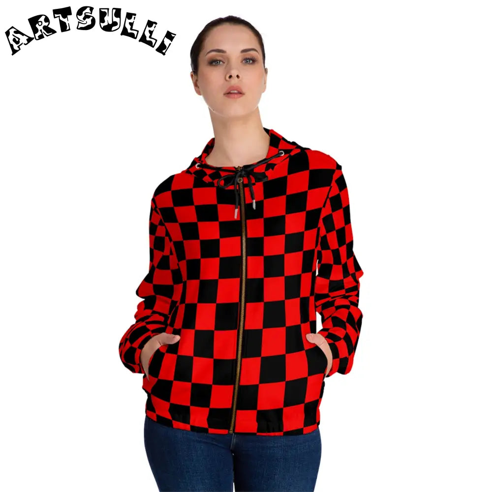 JAKKOUTTHEBXX Checkerboard Red and Black Women’s Full-Zip Hoodie