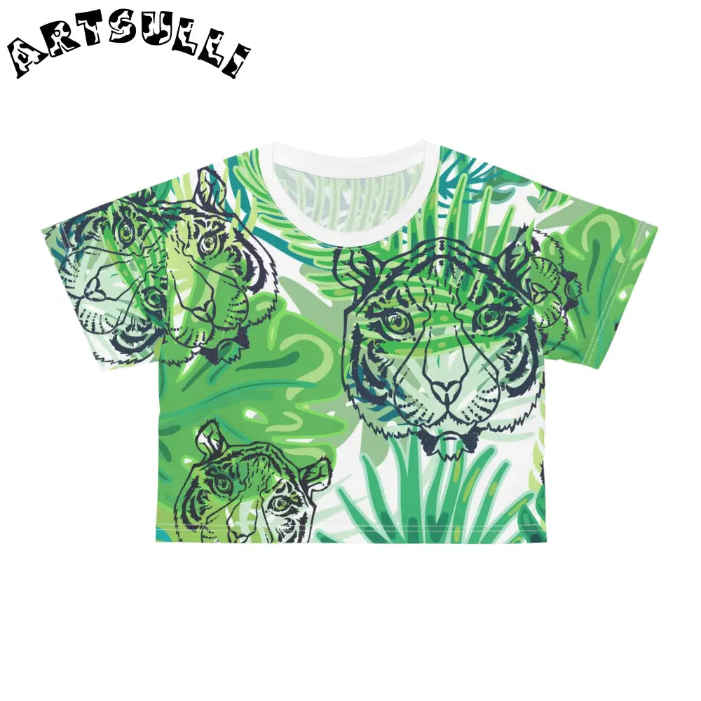 JAKKOUTTHEBXX Tropical Jungle Tigers Green Crop Tee (AOP)
