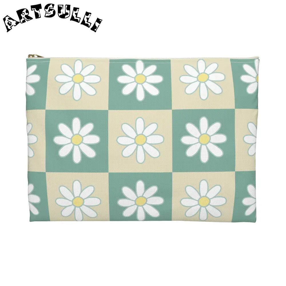 JAKKOUTTHEBXX Retro Daisy Checkerboard Green and Tan Accessory Pouch