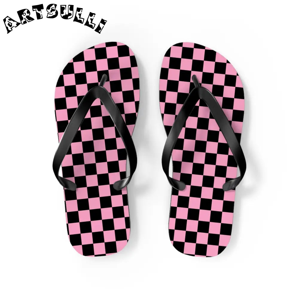 JAKKOUTTHEBXX Checkerboard Black and Pink Flip Flops JAKKOUTTHEBXX