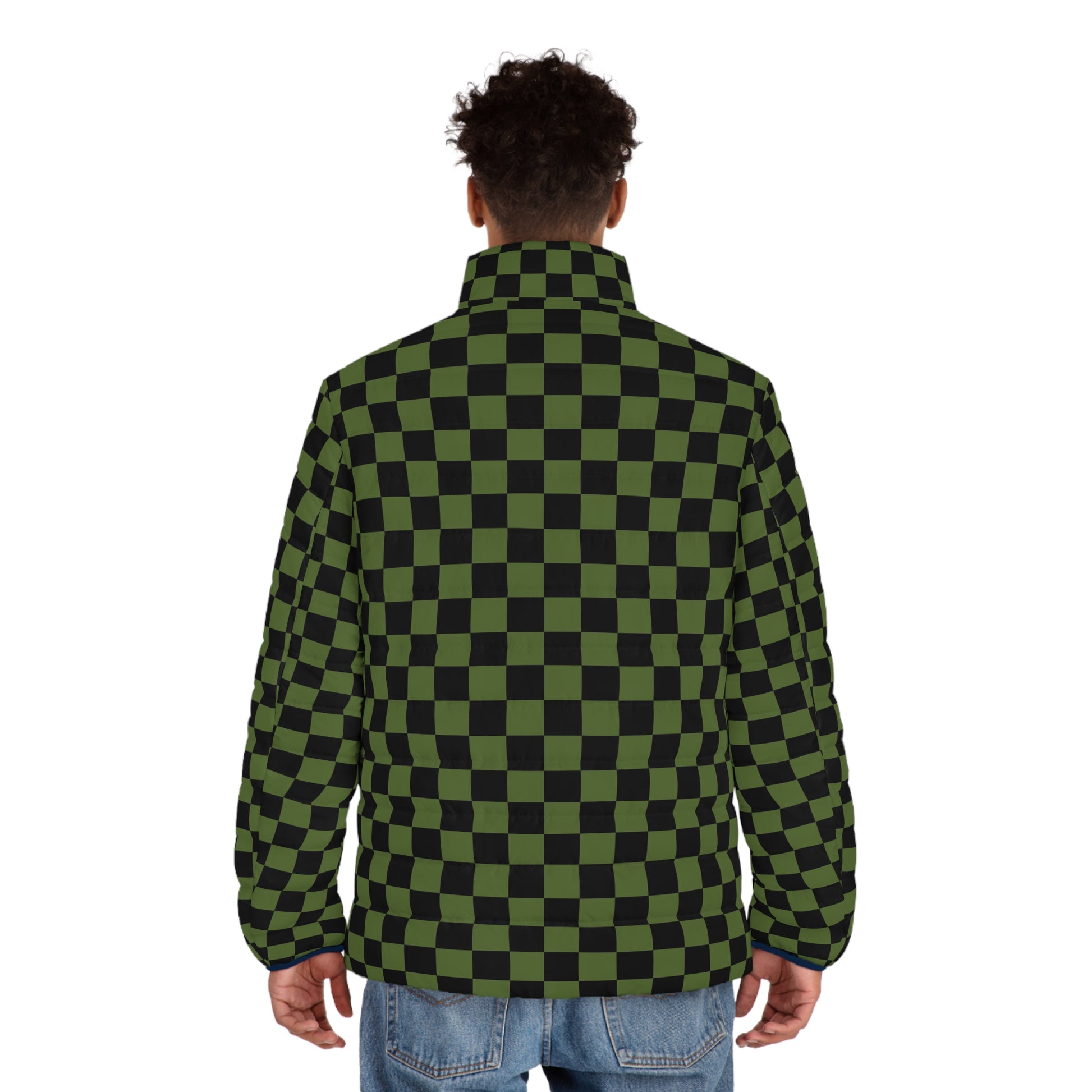 Checkerboard Olive Green and Black Men's Puffer Jacket (AOP), Artsulli - Art is Long, Life is Short, All Over Prints, , , , , , , 