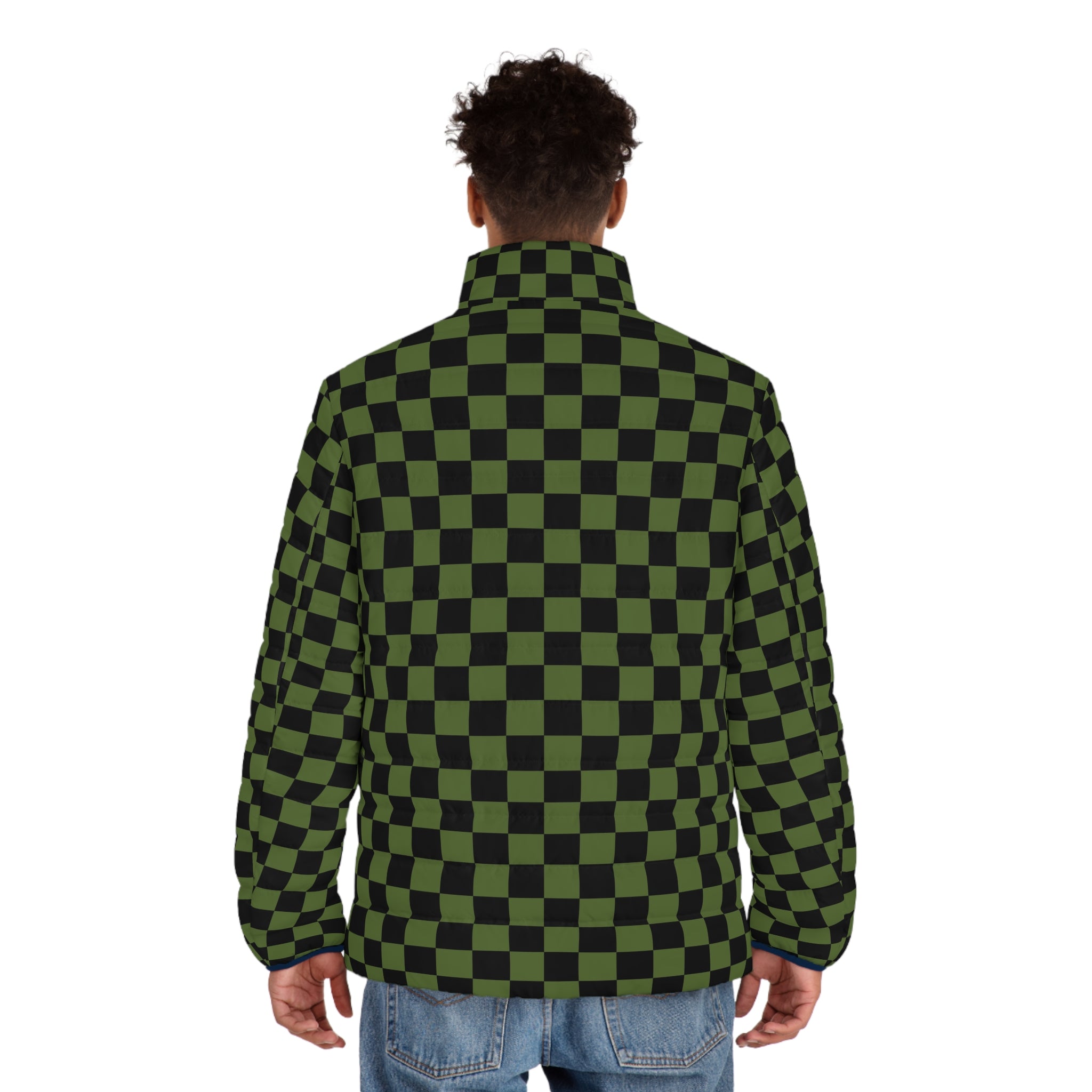 Checkerboard Olive Green and Black Men's Puffer Jacket (AOP), Artsulli - Art is Long, Life is Short, All Over Prints, , , , , , , 