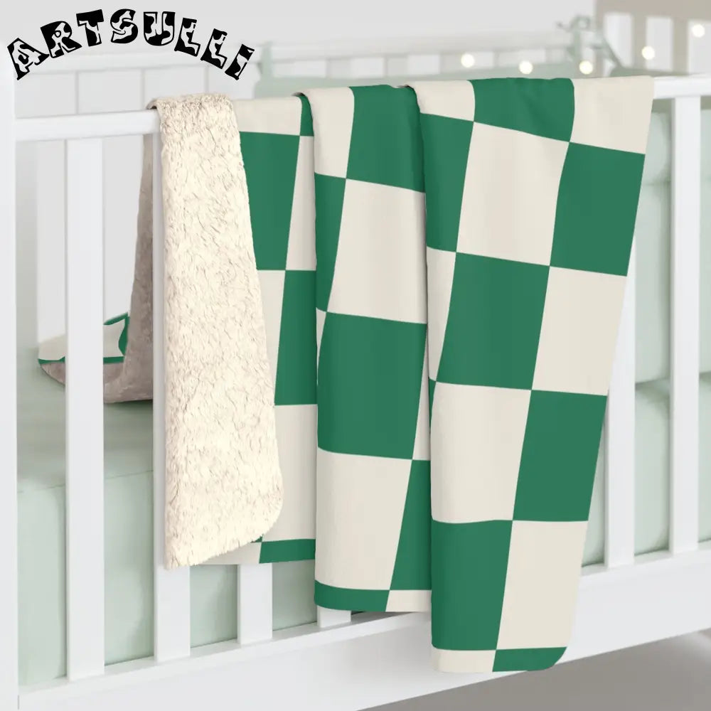JAKKOUTTHEBXX Checkerboard II Dark Green Sherpa Fleece Blanket