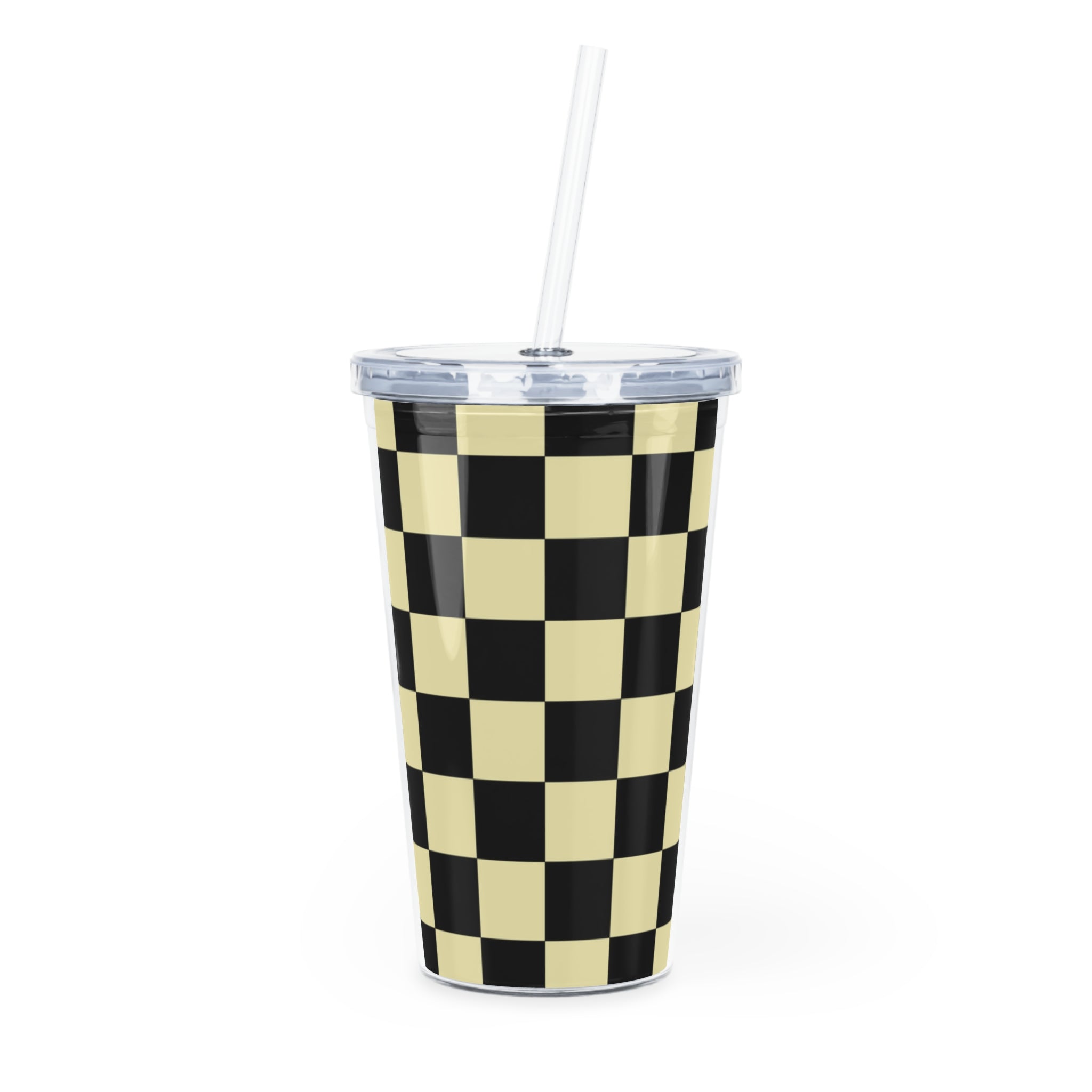 Checkerboard Black and Yellow Plastic Tumbler with Straw, Artsulli - Art is Long, Life is Short, Mug, Size, 20oz, Color, Transparent, , , 40644112217277081397