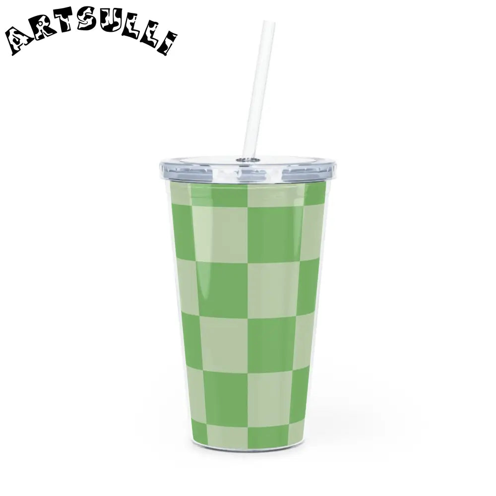 JAKKOUTTHEBXX Checkerboard Green Plastic Tumbler with Straw