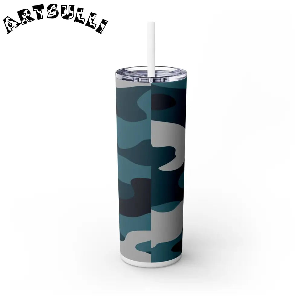 JAKKOUTTHEBXX Blue Camouflage Skinny Tumbler with Straw 20oz