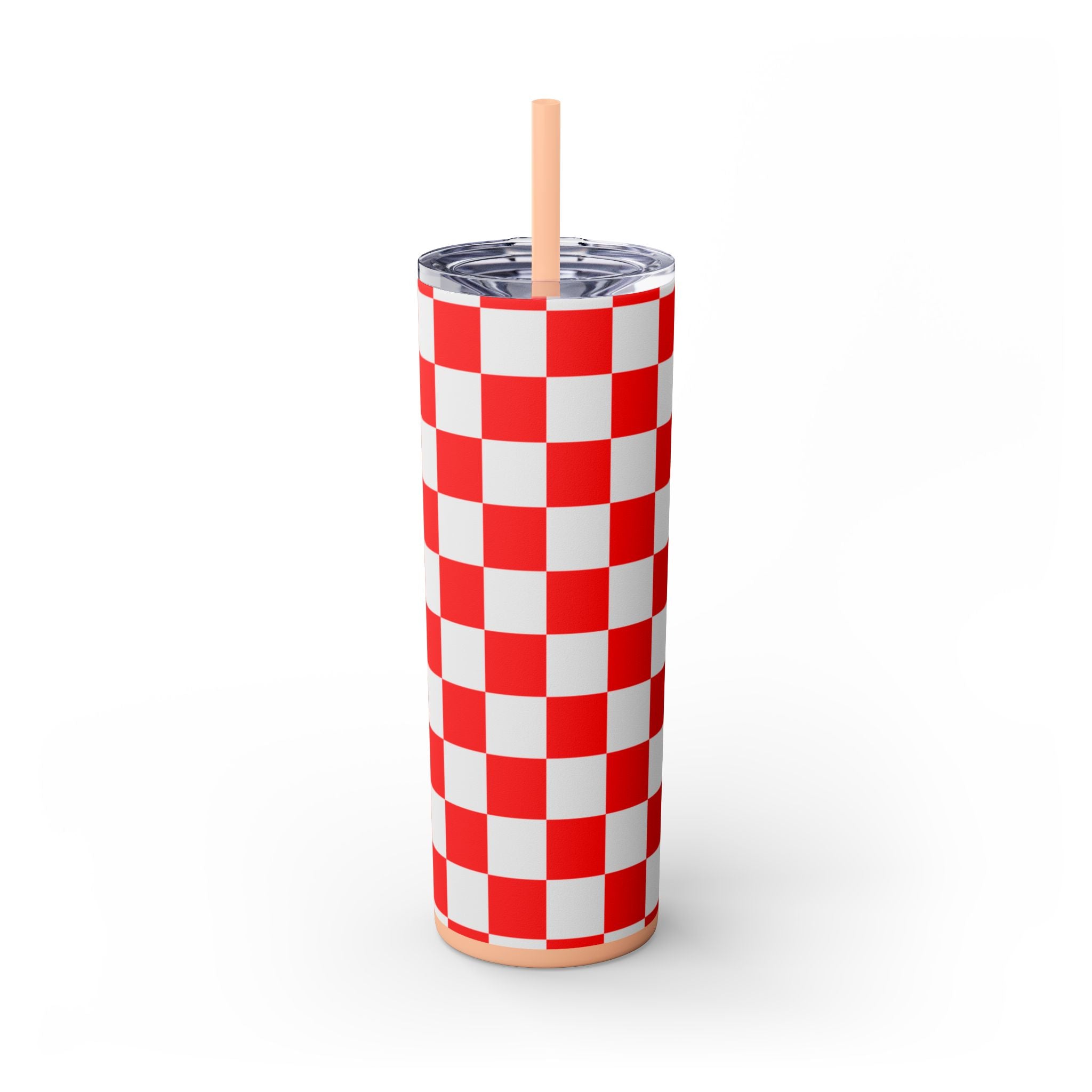 Checkerboard Red and White Skinny Tumbler with Straw, 20oz, Artsulli - Art is Long, Life is Short, Mug, Finish, Matte, Color, Blush, Size, 20oz, 18718684404542088692