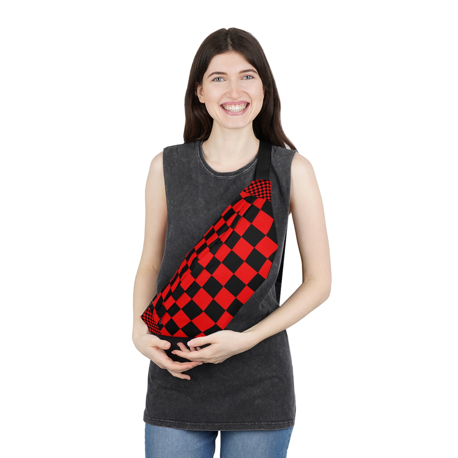 Checkerboard Red and Black Large Fanny Pack, Artsulli - Art is Long, Life is Short, Bags, , , , , , , 