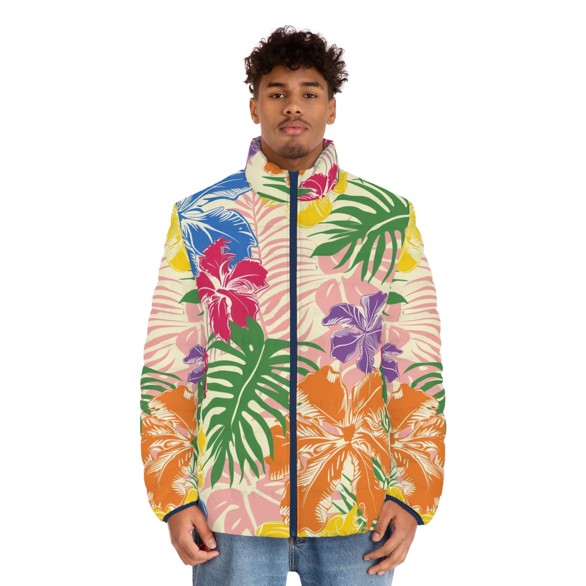 Blooming Tropical Flowers Men's Puffer Jacket (AOP), Artsulli - Art is Long, Life is Short, All Over Prints, , , , , , , 