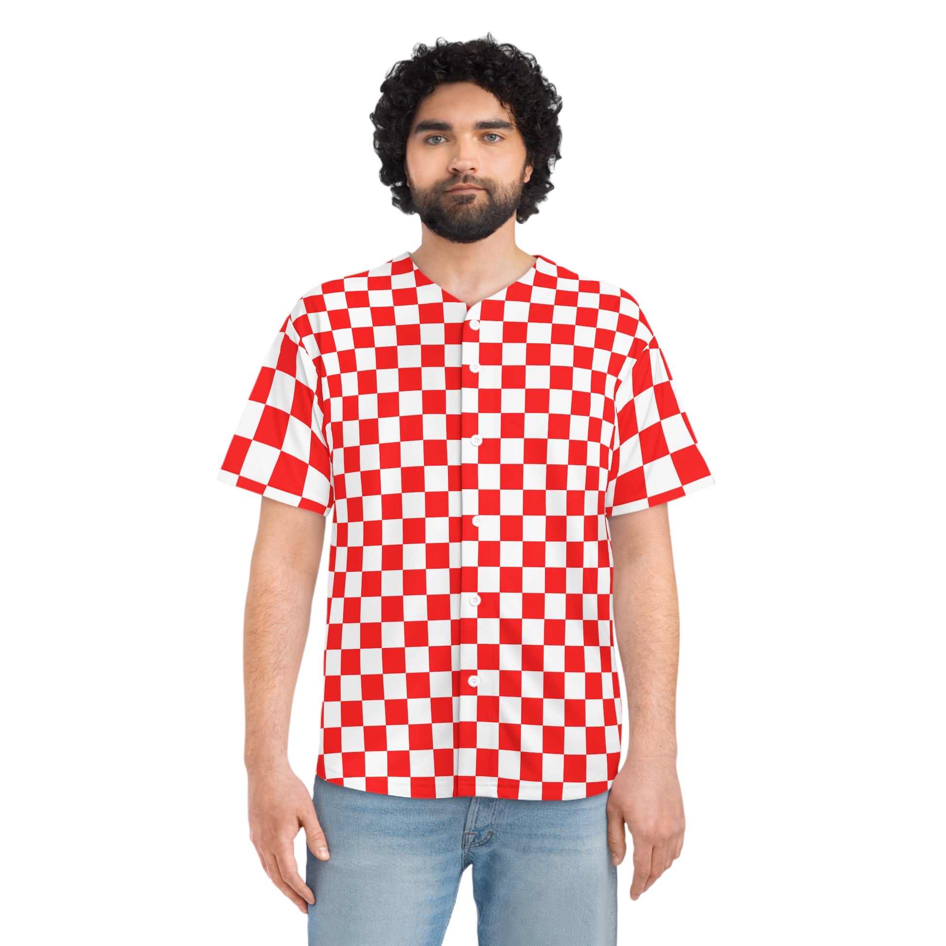 Checkerboard II Red and White Men's Baseball Jersey (AOP), Artsulli - Art is Long, Life is Short, All Over Prints, , , , , , , 