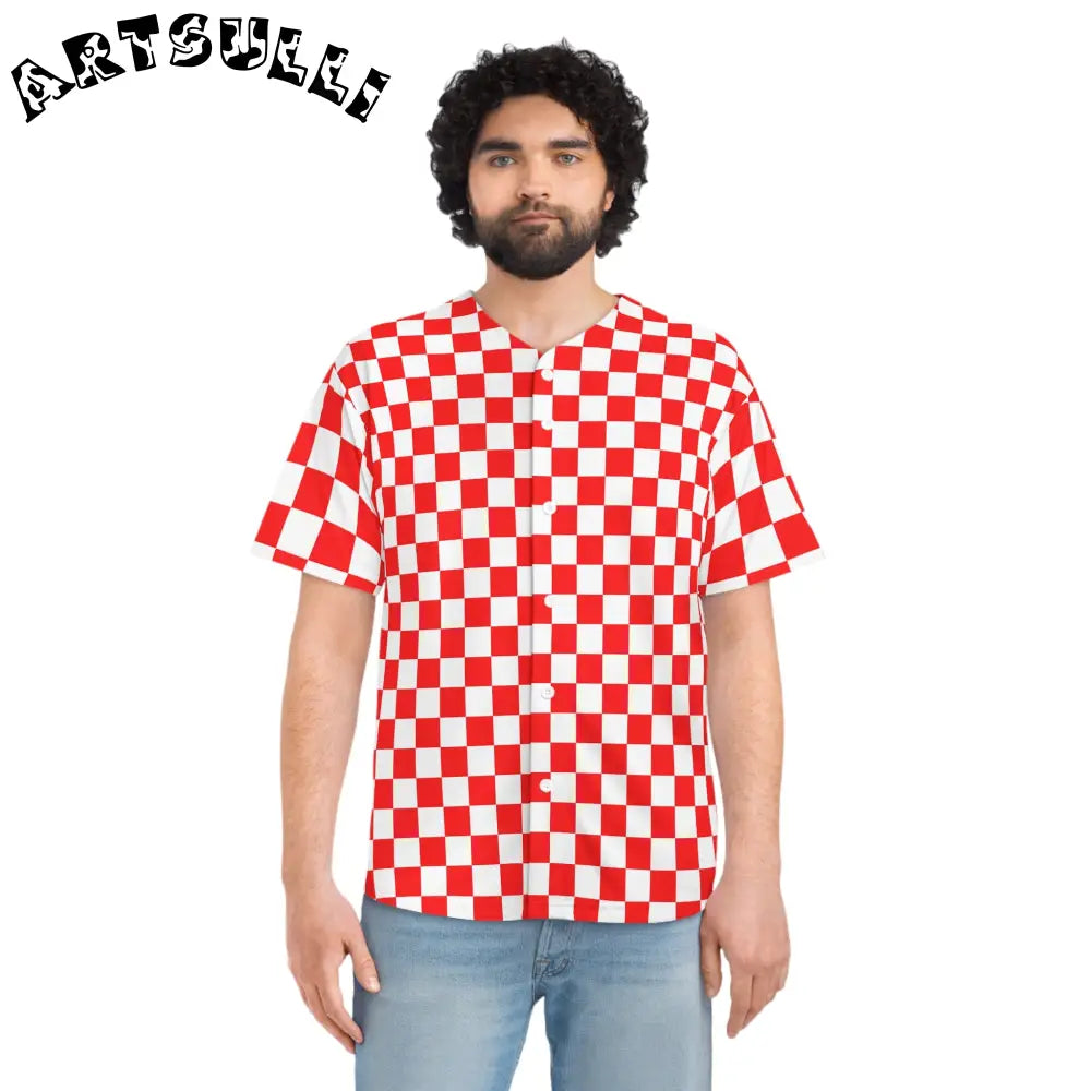 JAKKOUTTHEBXX Checkerboard II Red and White Men’s Baseball Jersey